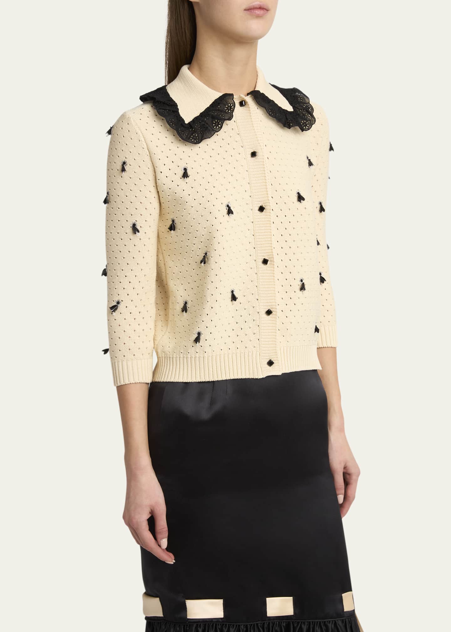 Valentino Garavani Pointelle Micro Tassel Ruffled Cardigan Image 4 of 5