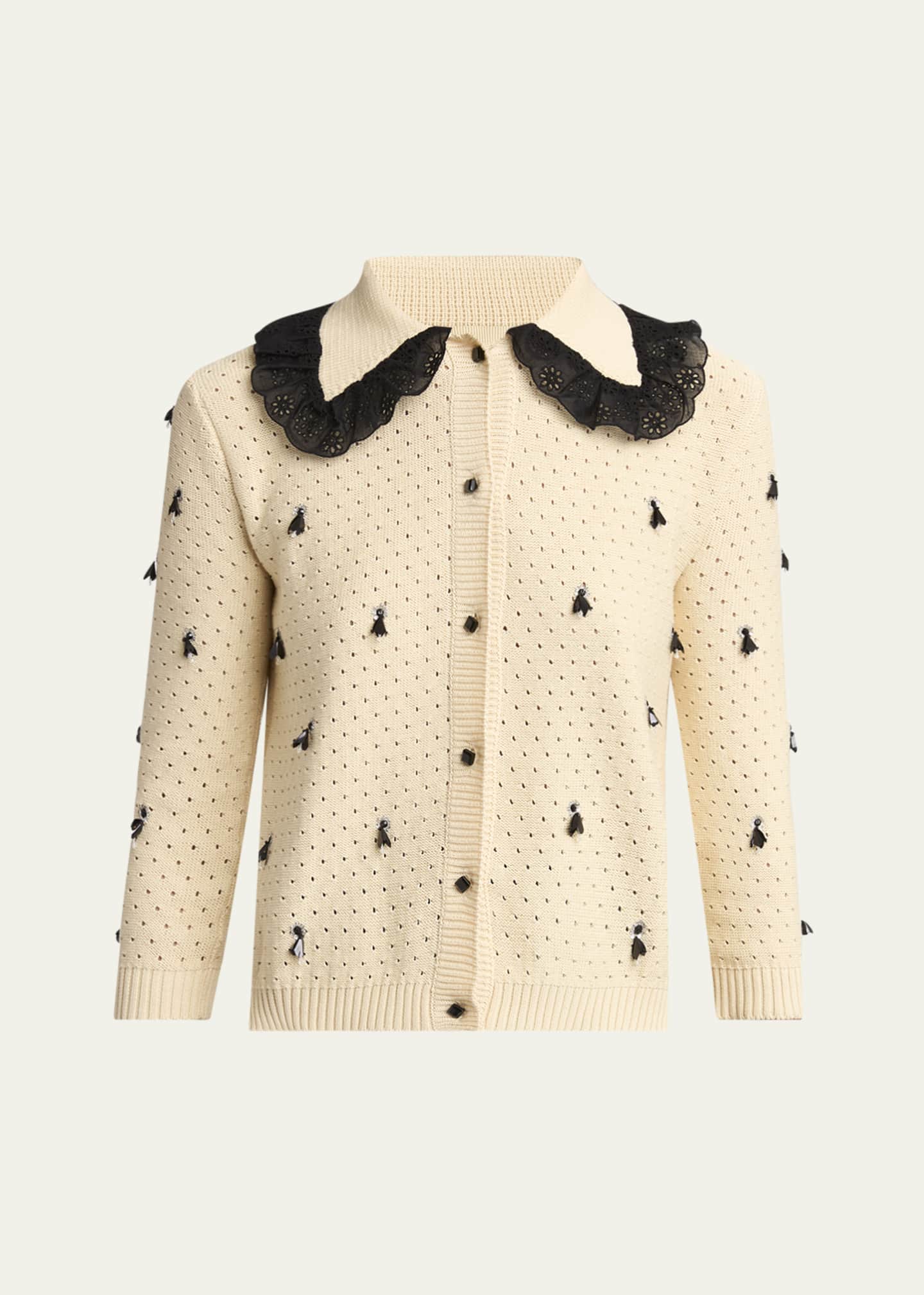 Valentino Garavani Pointelle Micro Tassel Ruffled Cardigan Image 1 of 5