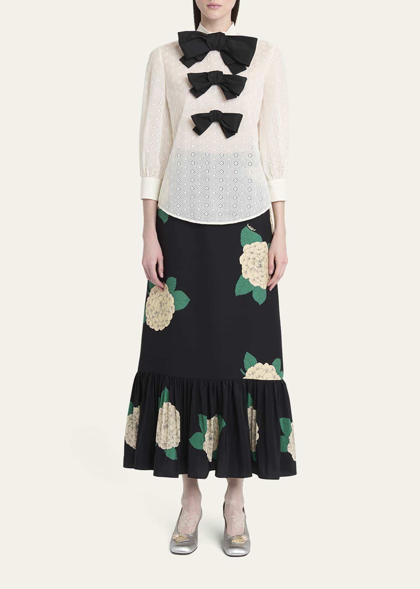 Valentino Garavani Ortensia-Print Crepe Ruffle Ankle Skirt Image 2 of 4