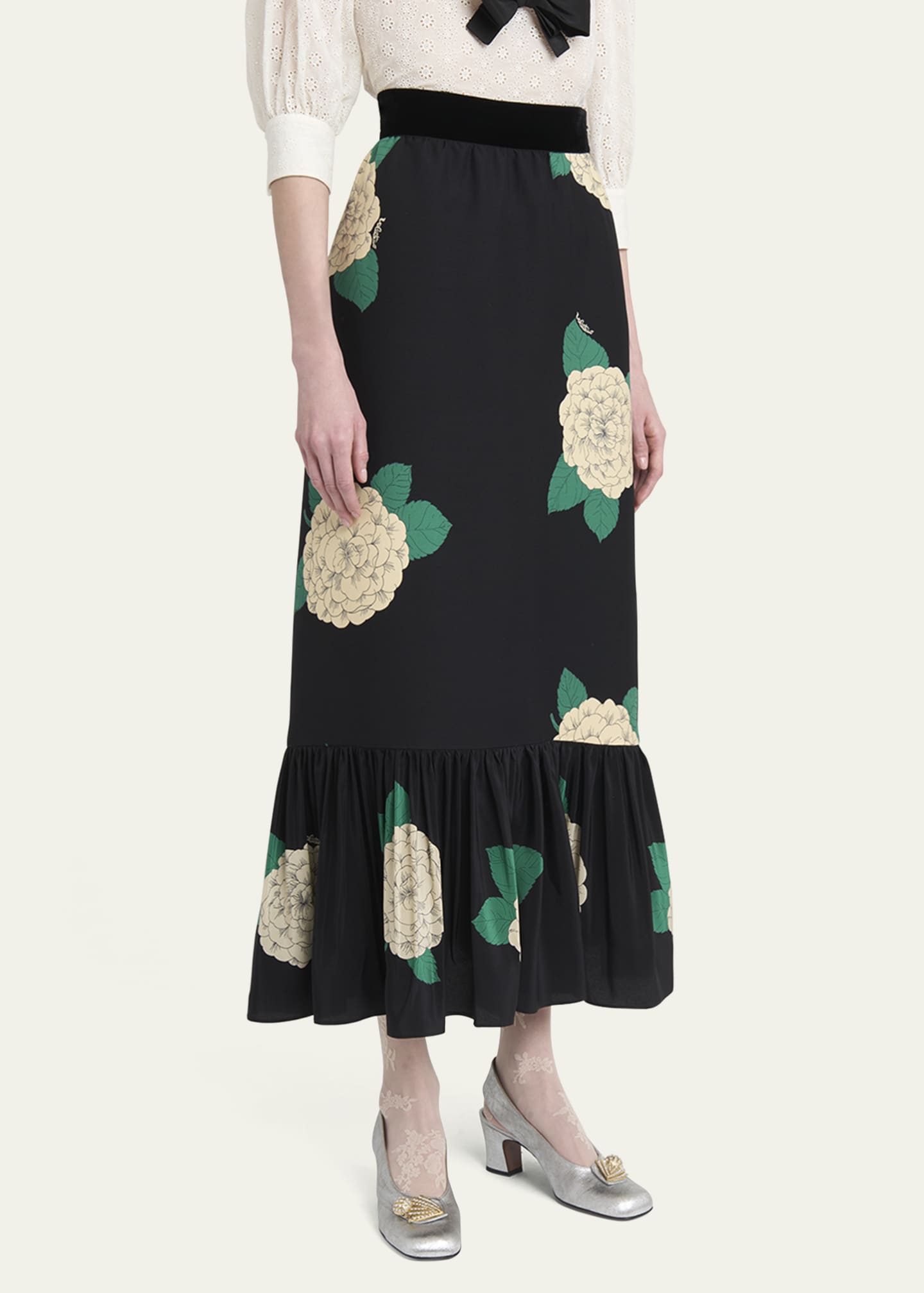 Valentino Garavani Ortensia-Print Crepe Ruffle Ankle Skirt Image 3 of 4