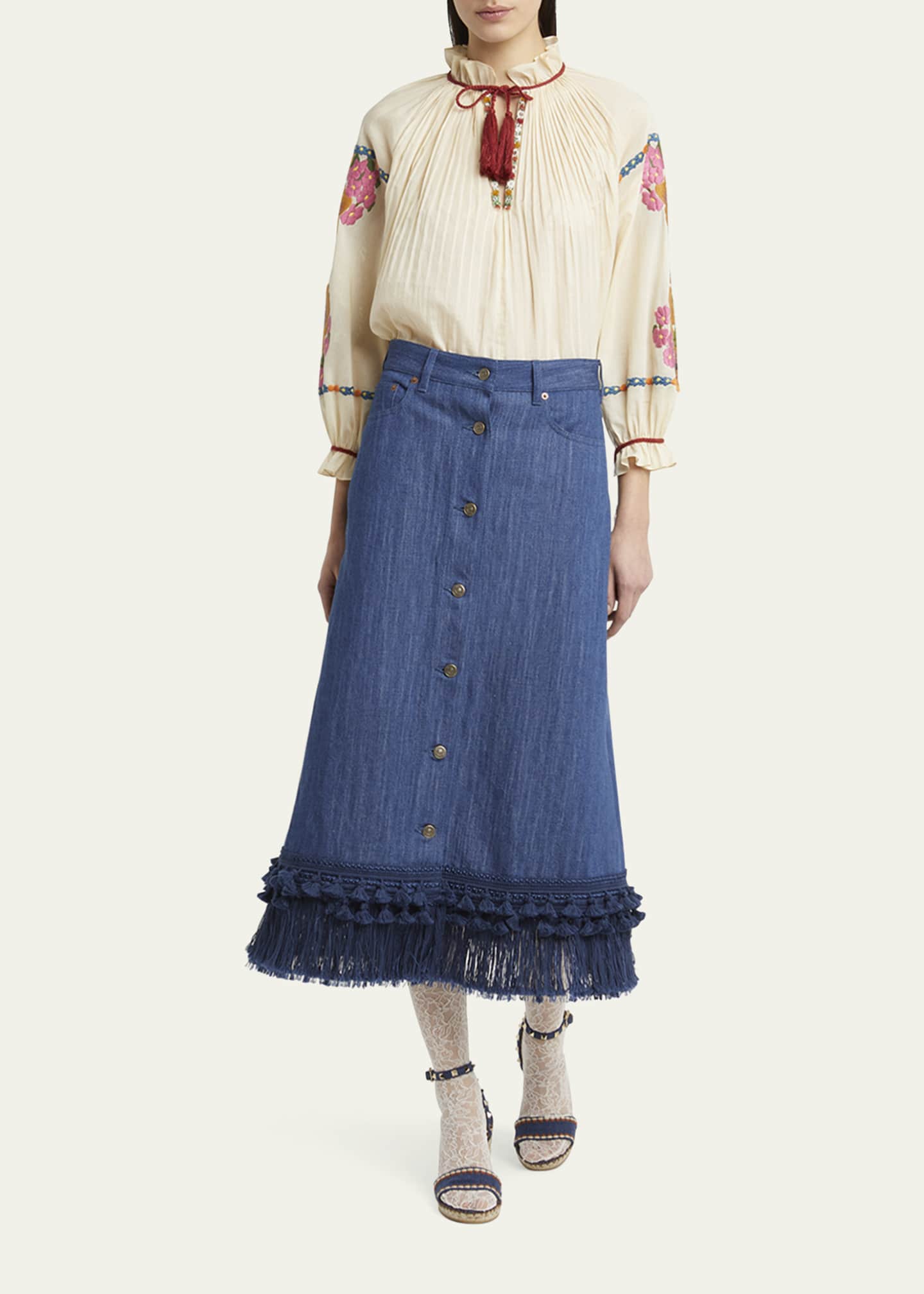 Valentino Garavani Tassel Button-Fly Denim Skirt Image 2 of 5