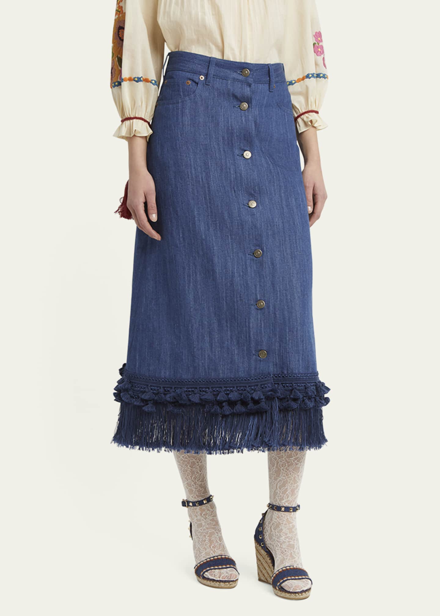 Valentino Garavani Tassel Button-Fly Denim Skirt Image 4 of 5