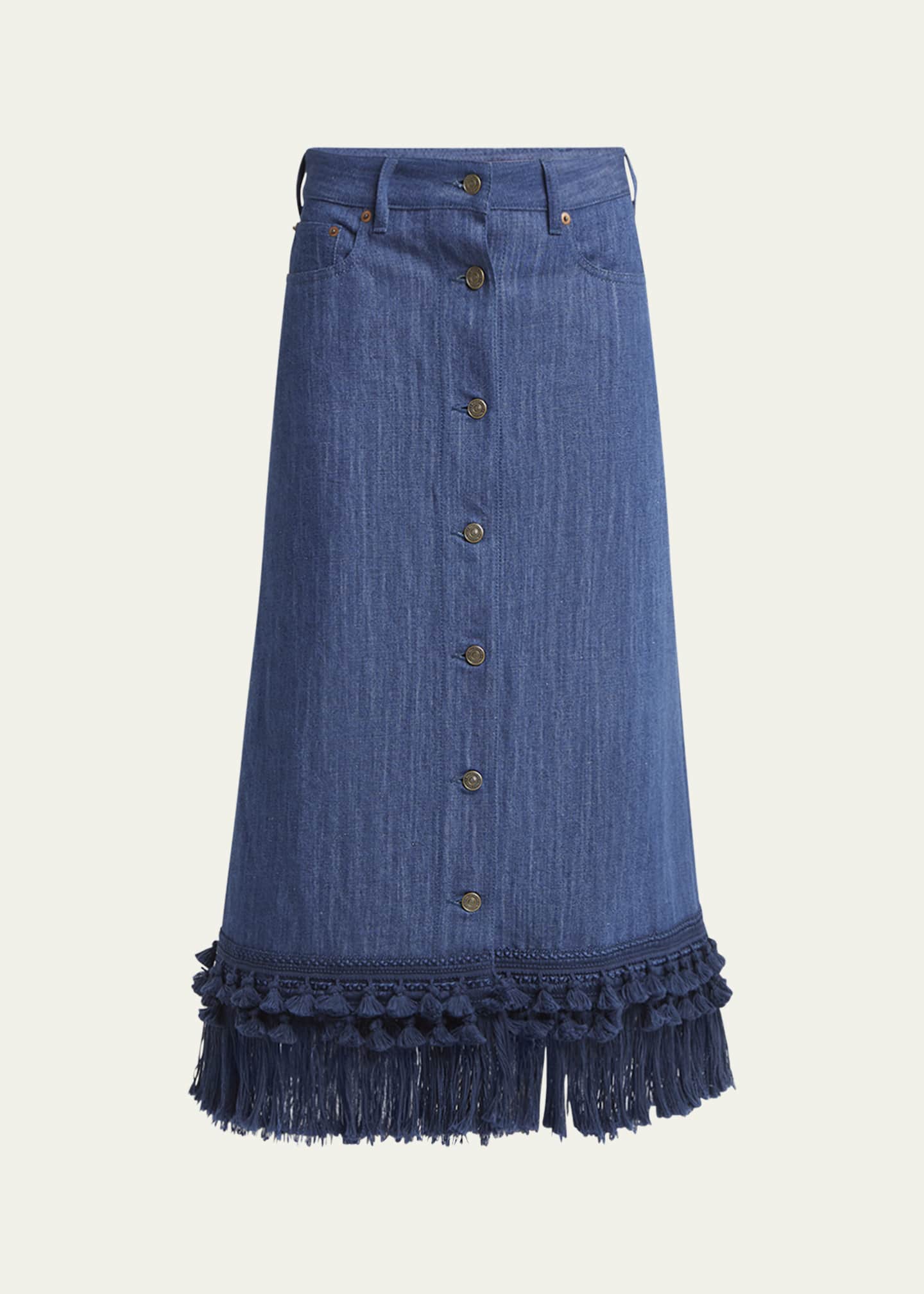 Valentino Garavani Tassel Button-Fly Denim Skirt Image 1 of 5