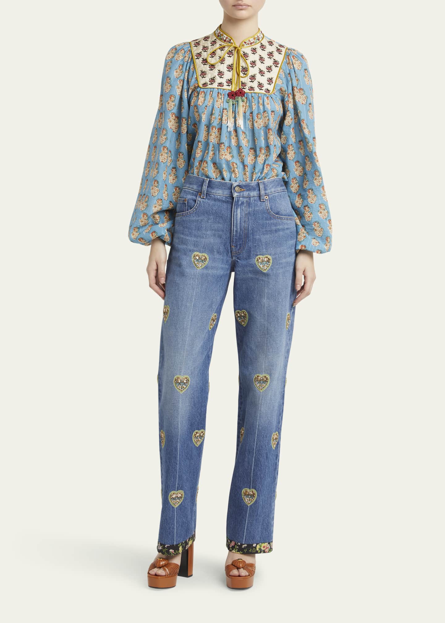 Valentino Garavani Embroidered Heart Denim Pants with Floral Boarder Image 2 of 5