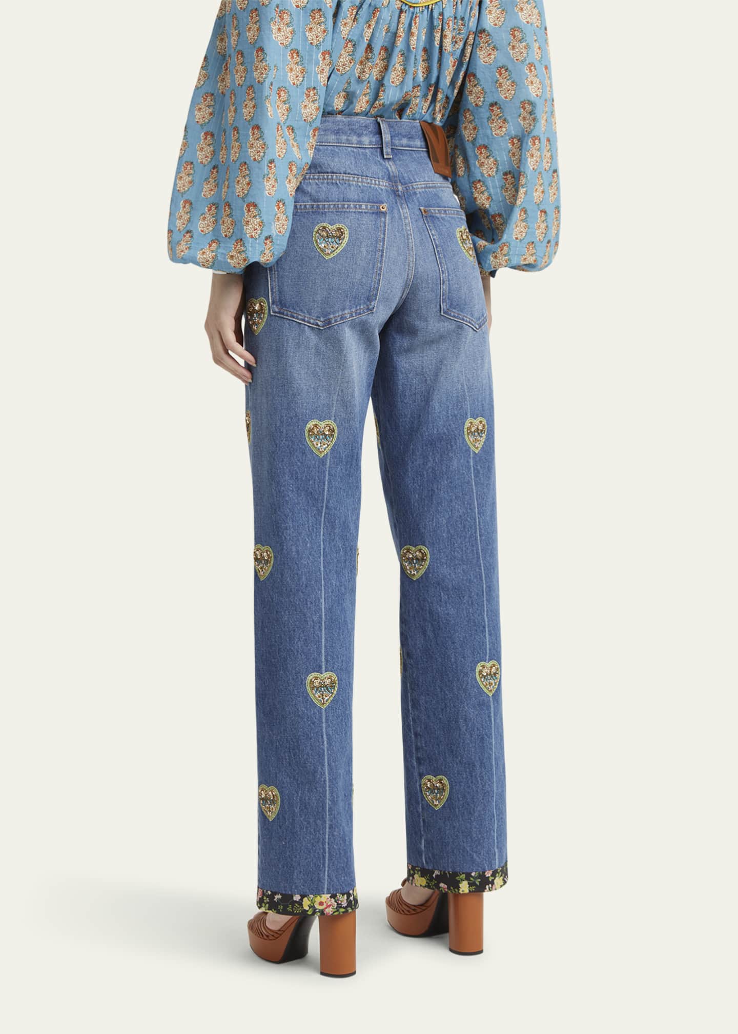 Valentino Garavani Embroidered Heart Denim Pants with Floral Boarder Image 3 of 5