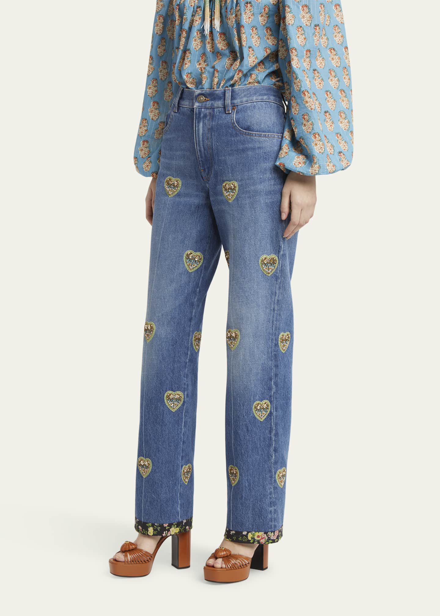 Valentino Garavani Embroidered Heart Denim Pants with Floral Boarder Image 4 of 5