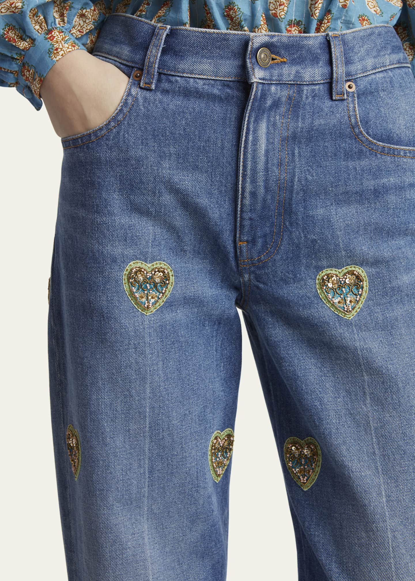 Valentino Garavani Embroidered Heart Denim Pants with Floral Boarder Image 5 of 5