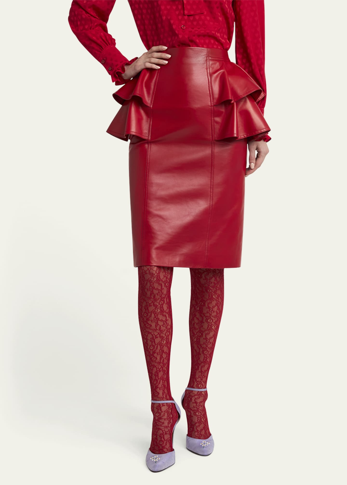 Valentino Garavani Ruffle Nappa Leather Pencil Skirt Image 3 of 4