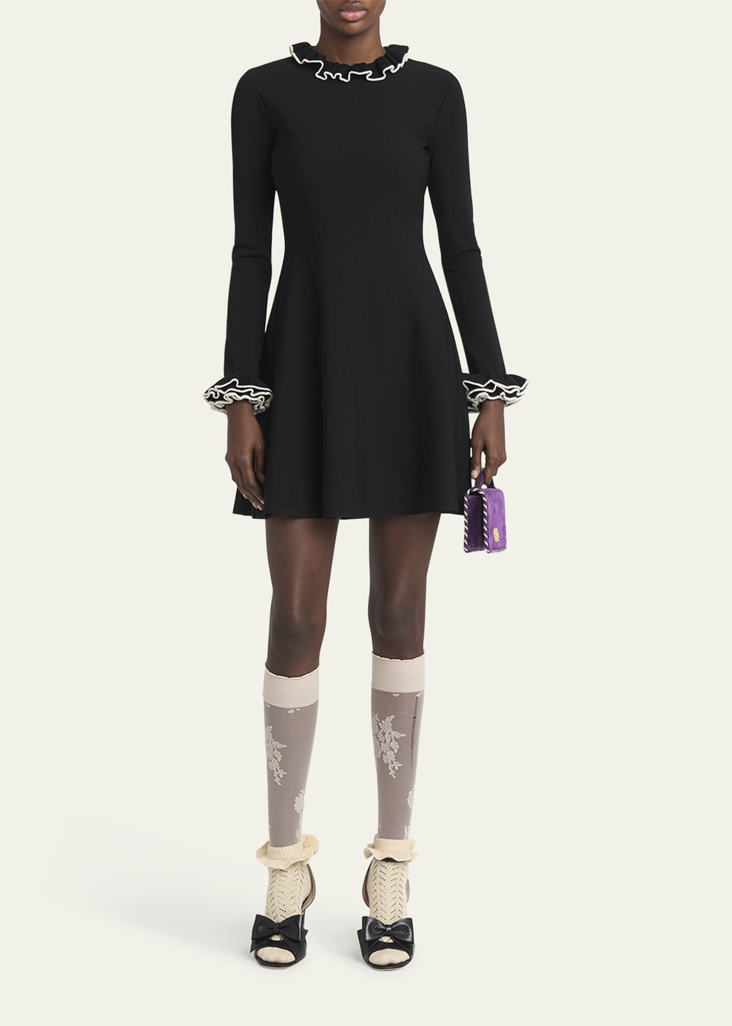 Valentino Garavani Ruffle-Trim Knit Mini Sweater Dress Image 2 of 5