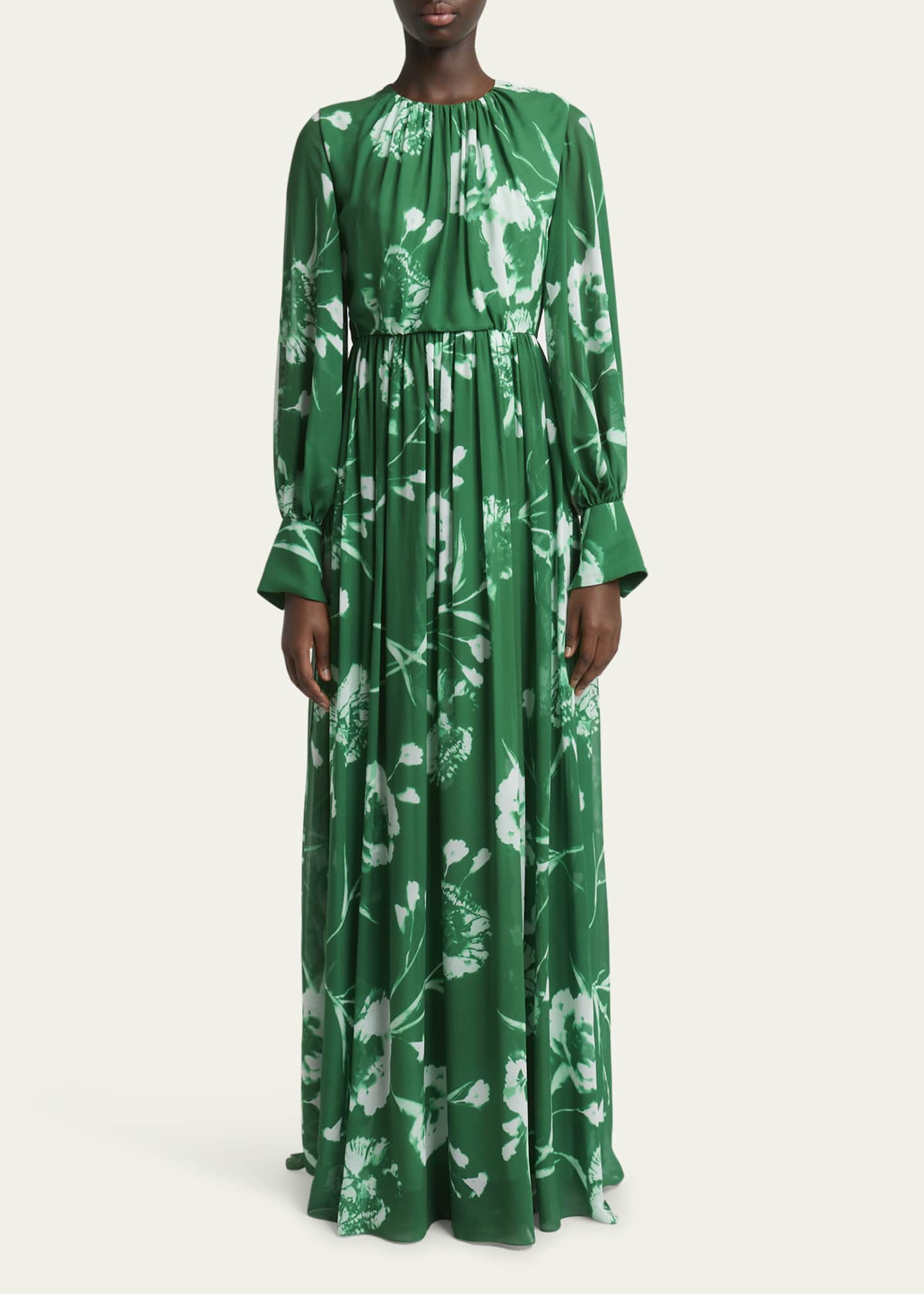 Erdem Gathered Floral Long Sleeve Silk Gown Image 2 of 5