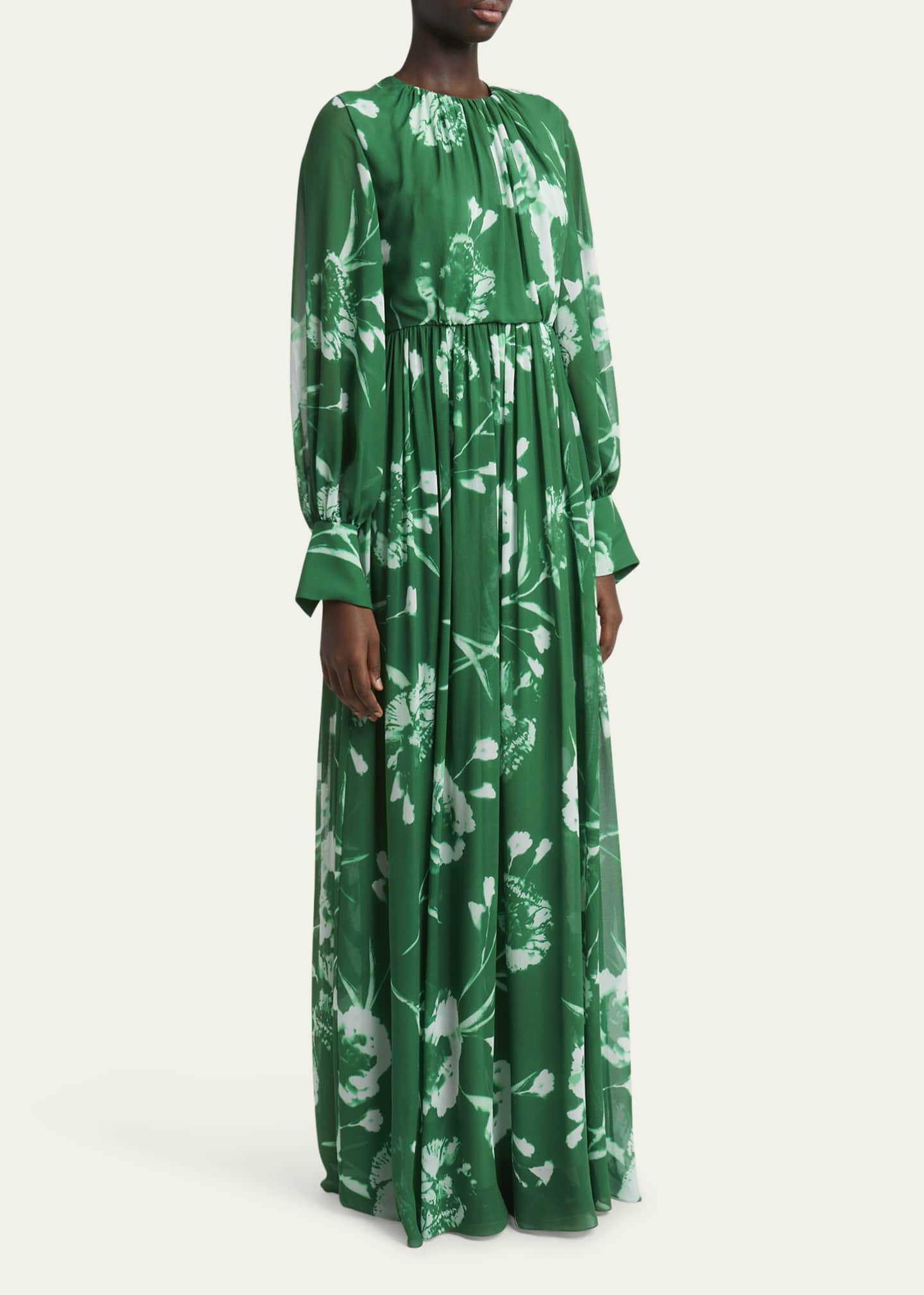 Erdem Gathered Floral Long Sleeve Silk Gown Image 4 of 5