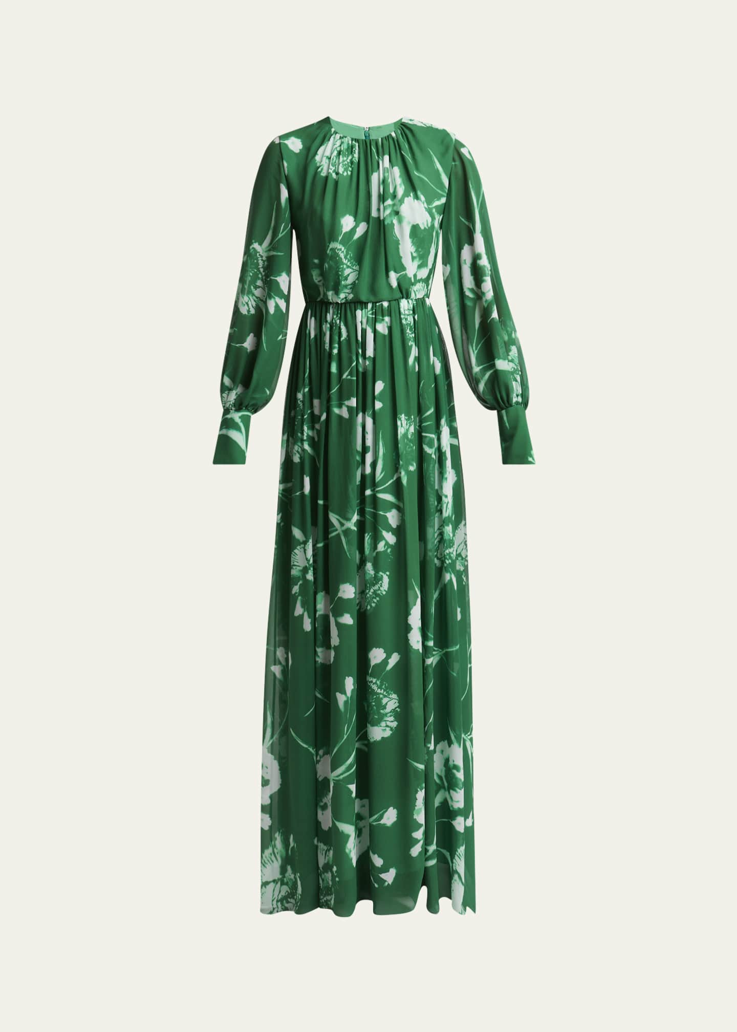 Erdem Gathered Floral Long Sleeve Silk Gown Image 1 of 5