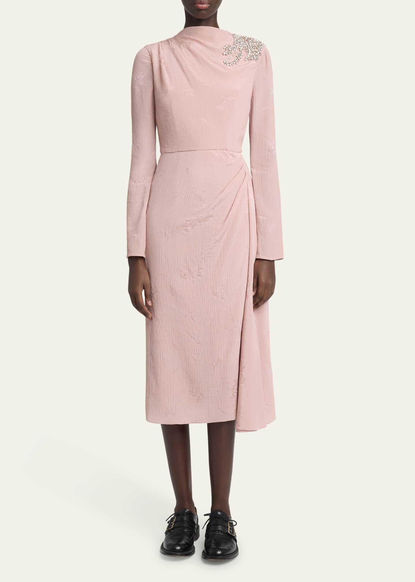 Long Sleeve Draped Beaded Patch Midi Dress - Thumbnail 2