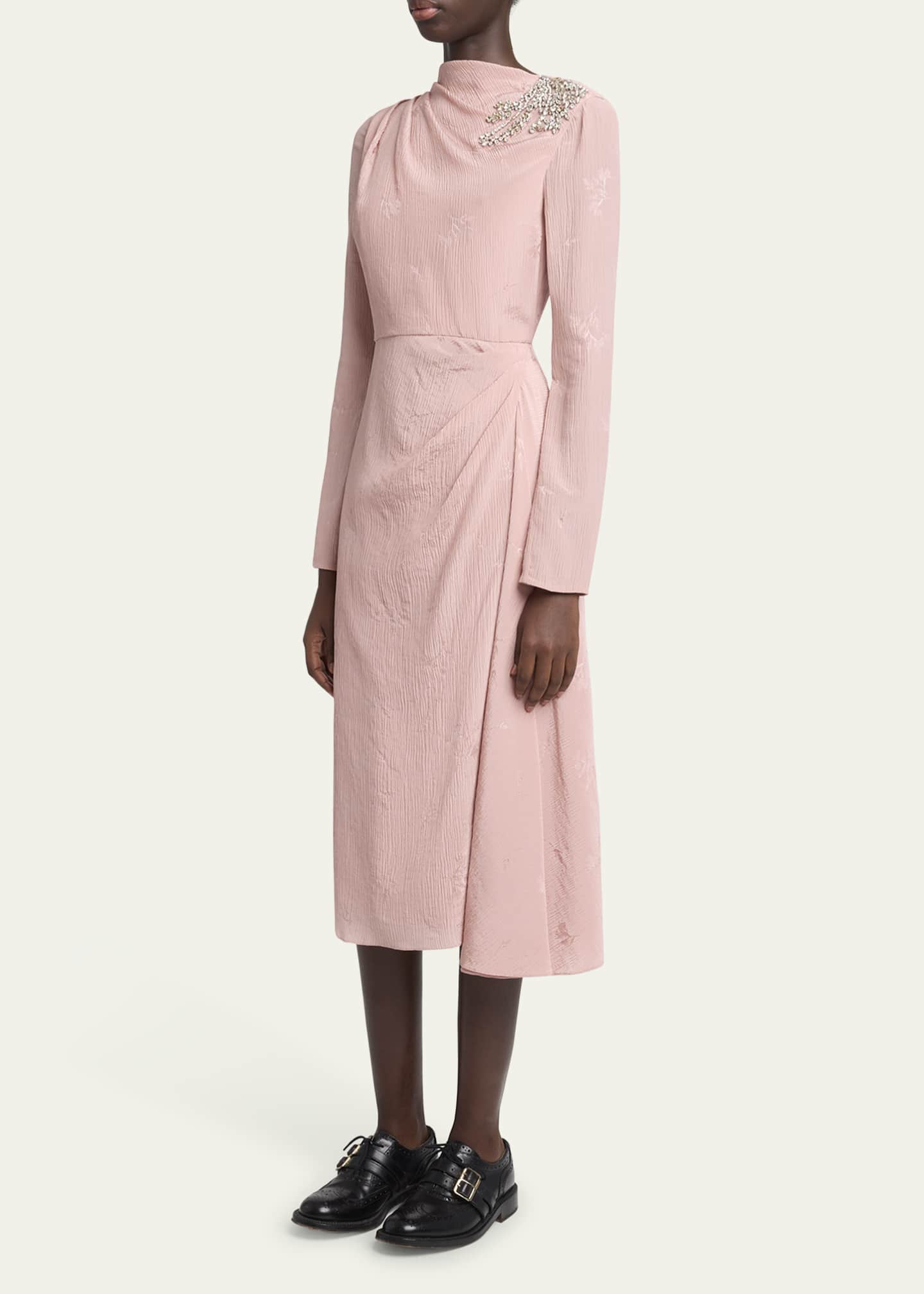 Long Sleeve Draped Beaded Patch Midi Dress - Thumbnail 4