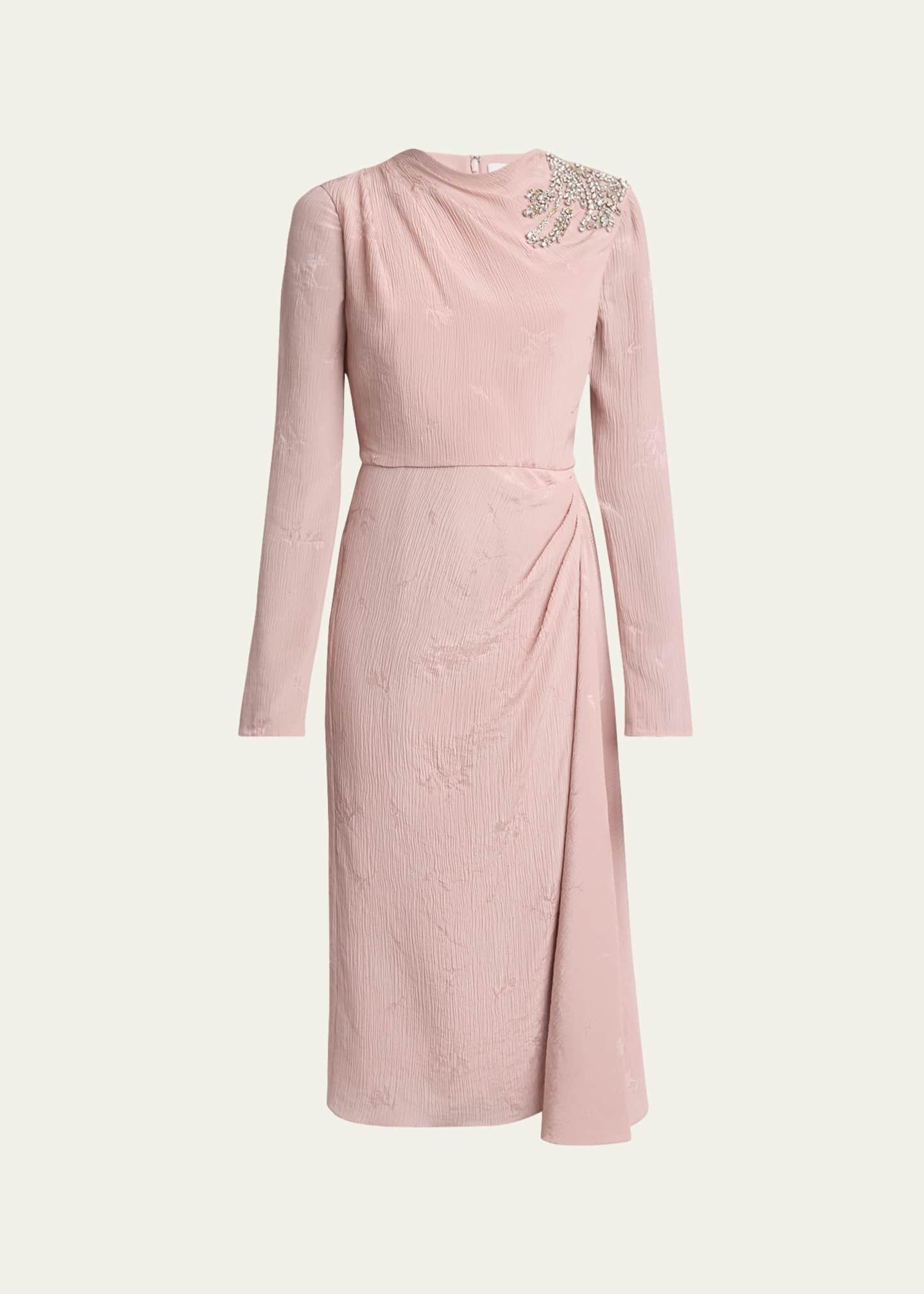 Long Sleeve Draped Beaded Patch Midi Dress