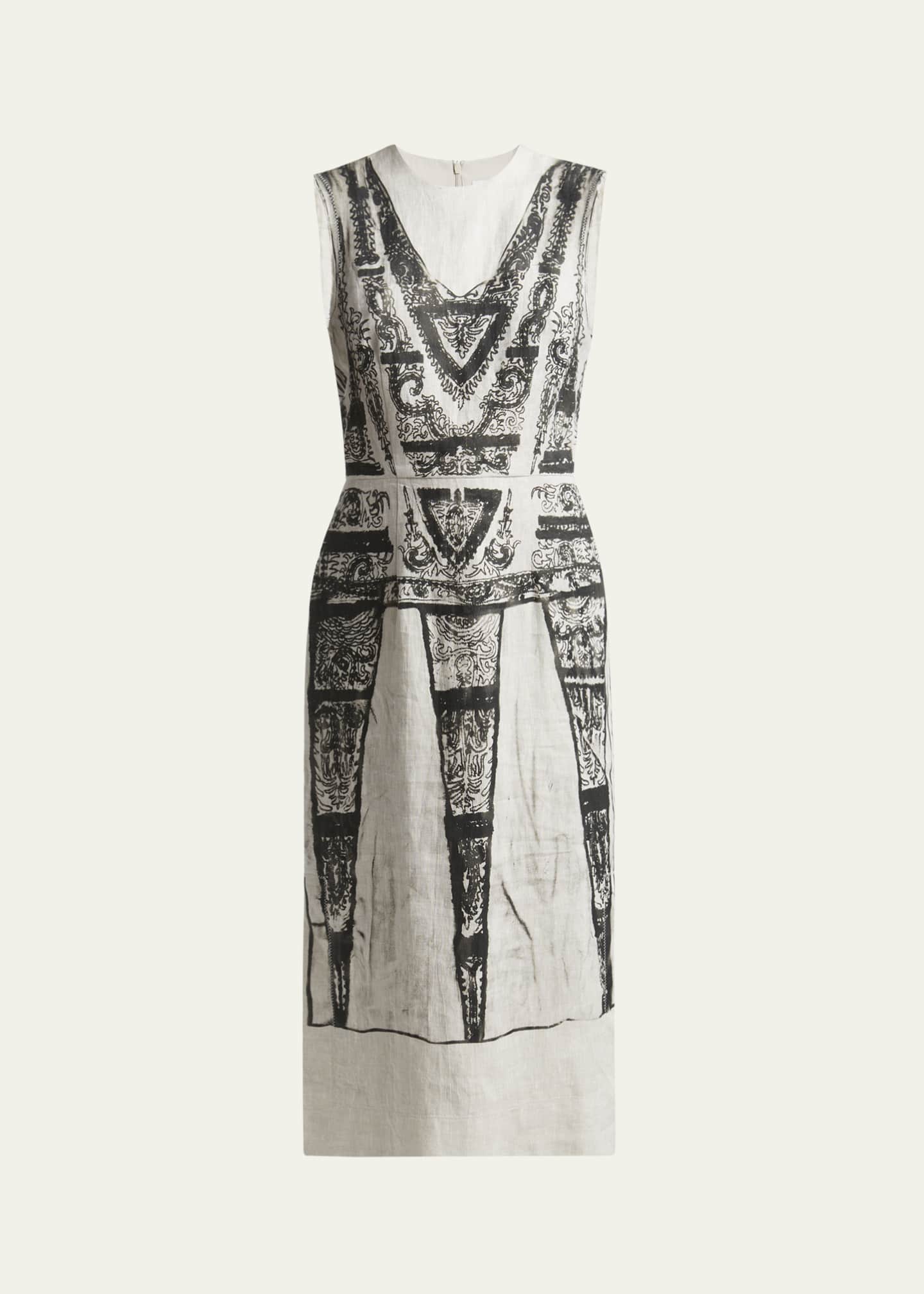 Erdem Printed Sleeveless Midi Pencil Linen Dress Image 1 of 5