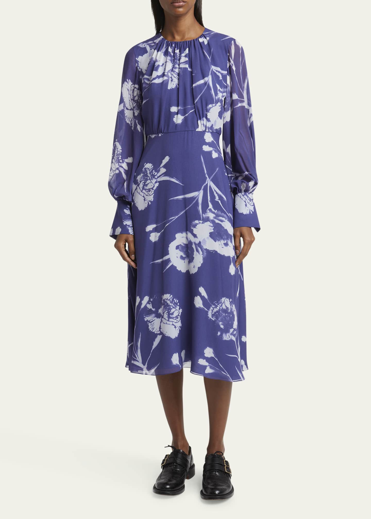Gathered Floral Long Sleeve Silk Midi Dress - Thumbnail 2