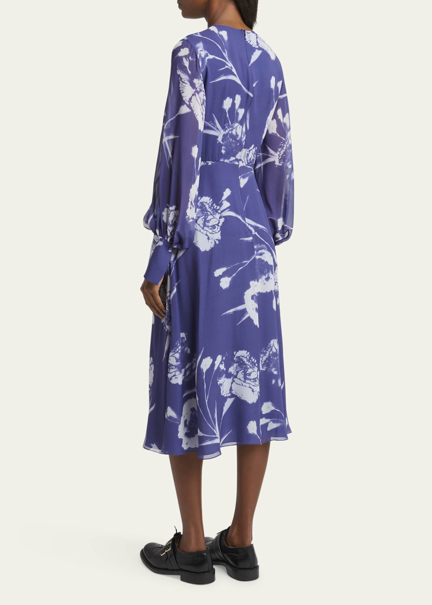 Gathered Floral Long Sleeve Silk Midi Dress - Thumbnail 3