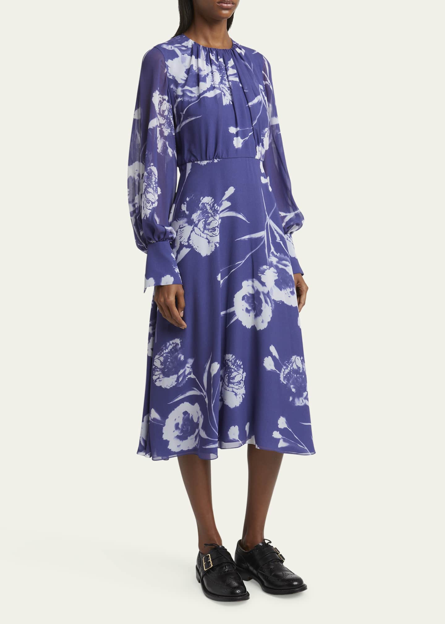 Gathered Floral Long Sleeve Silk Midi Dress - Thumbnail 4
