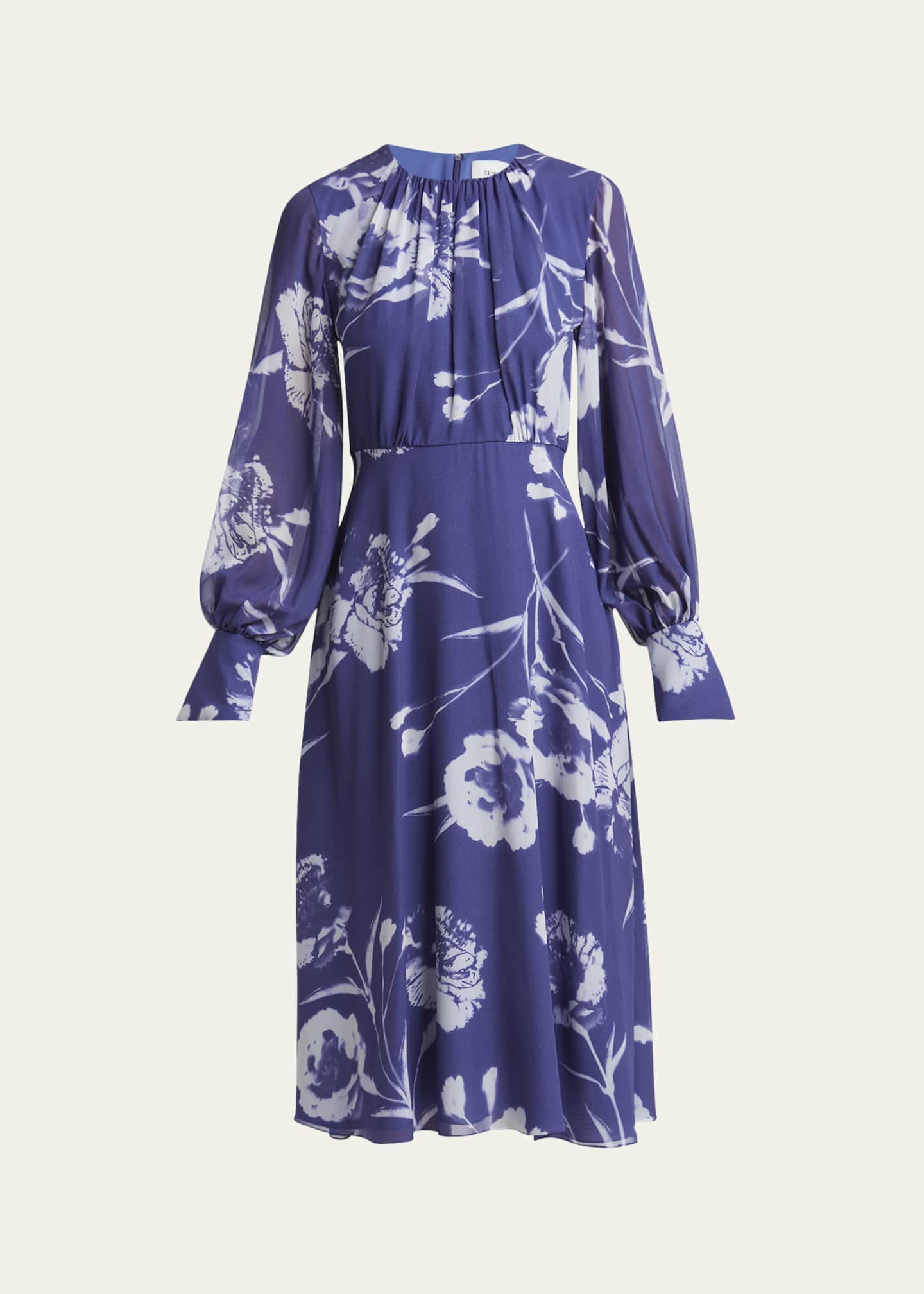 Gathered Floral Long Sleeve Silk Midi Dress