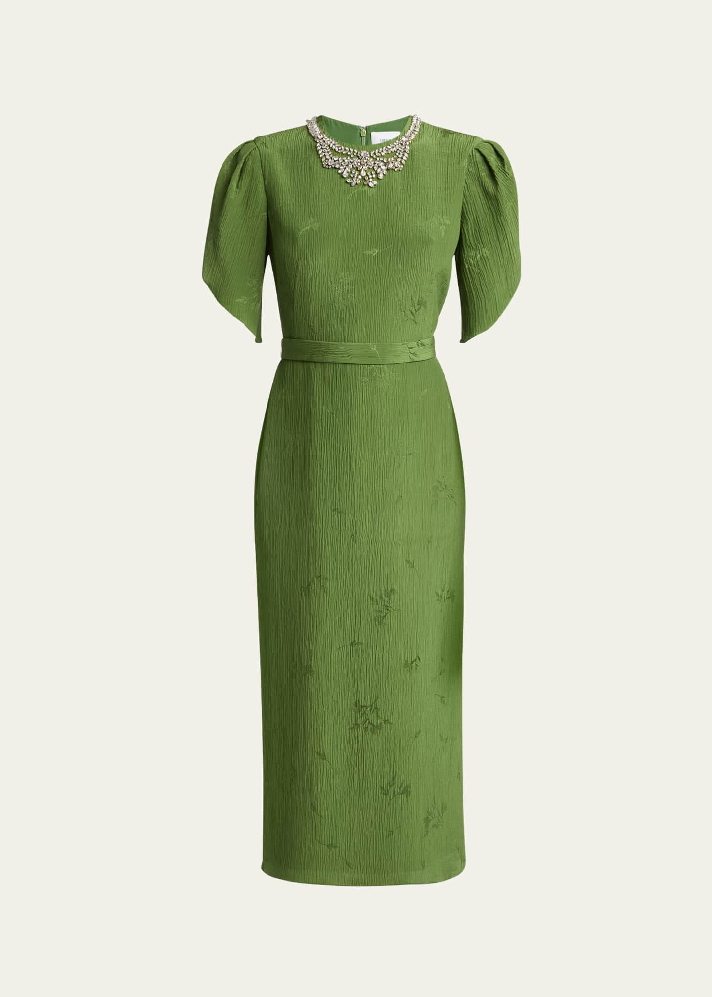 Crystal Necklace Floral Embroidered Short Sleeve Cocktail Dress - Thumbnail 1