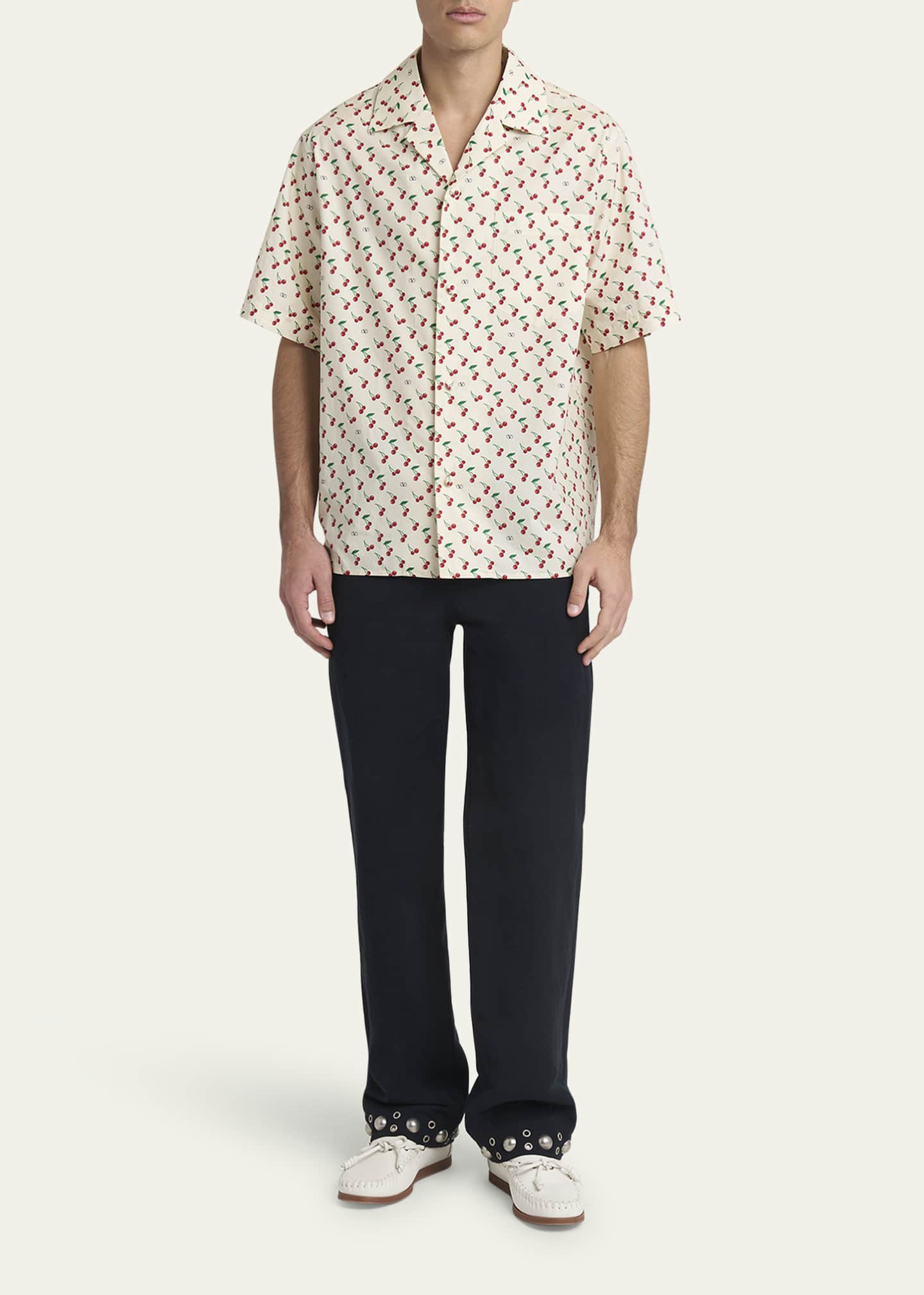 Valentino Garavani Men's Cotton Cherry VLogo Bowling Shirt Image 2 of 5