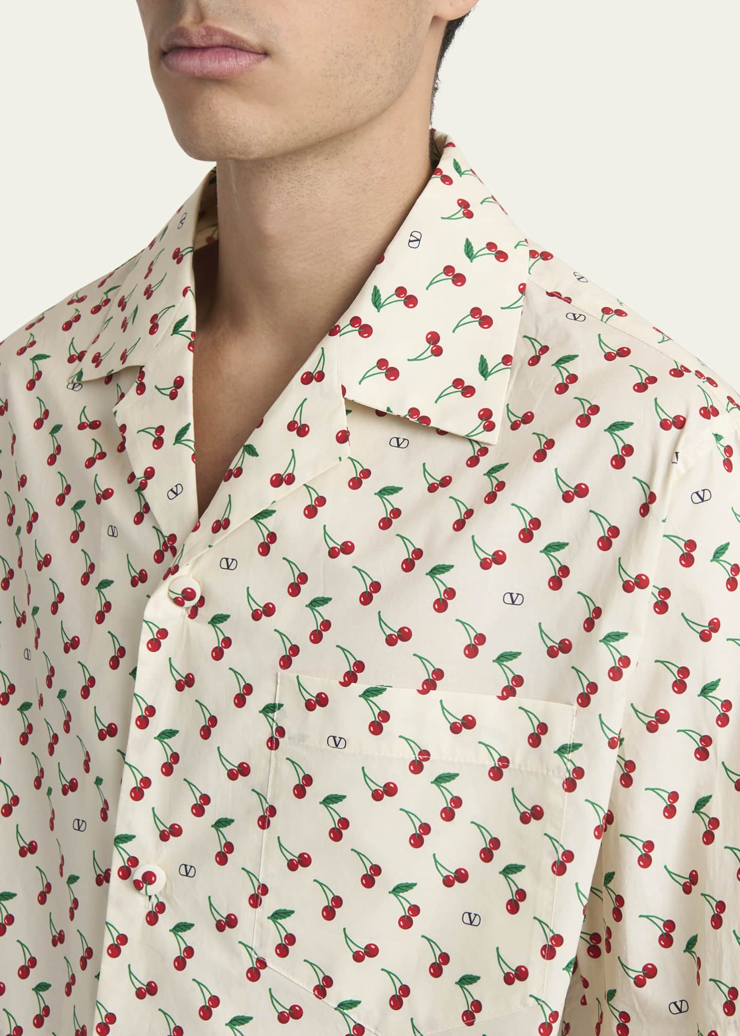 Valentino Garavani Men's Cotton Cherry VLogo Bowling Shirt Image 5 of 5