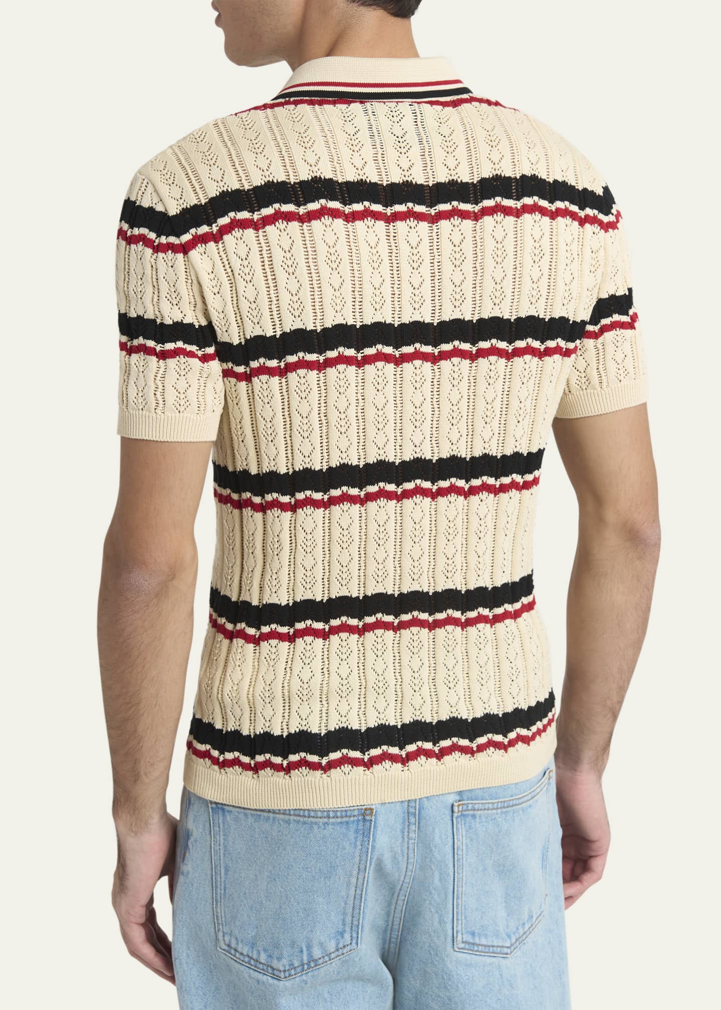 Valentino Garavani Men's Stripe Cotton Eyelet VLogo-Pocket Polo Shirt Image 3 of 5