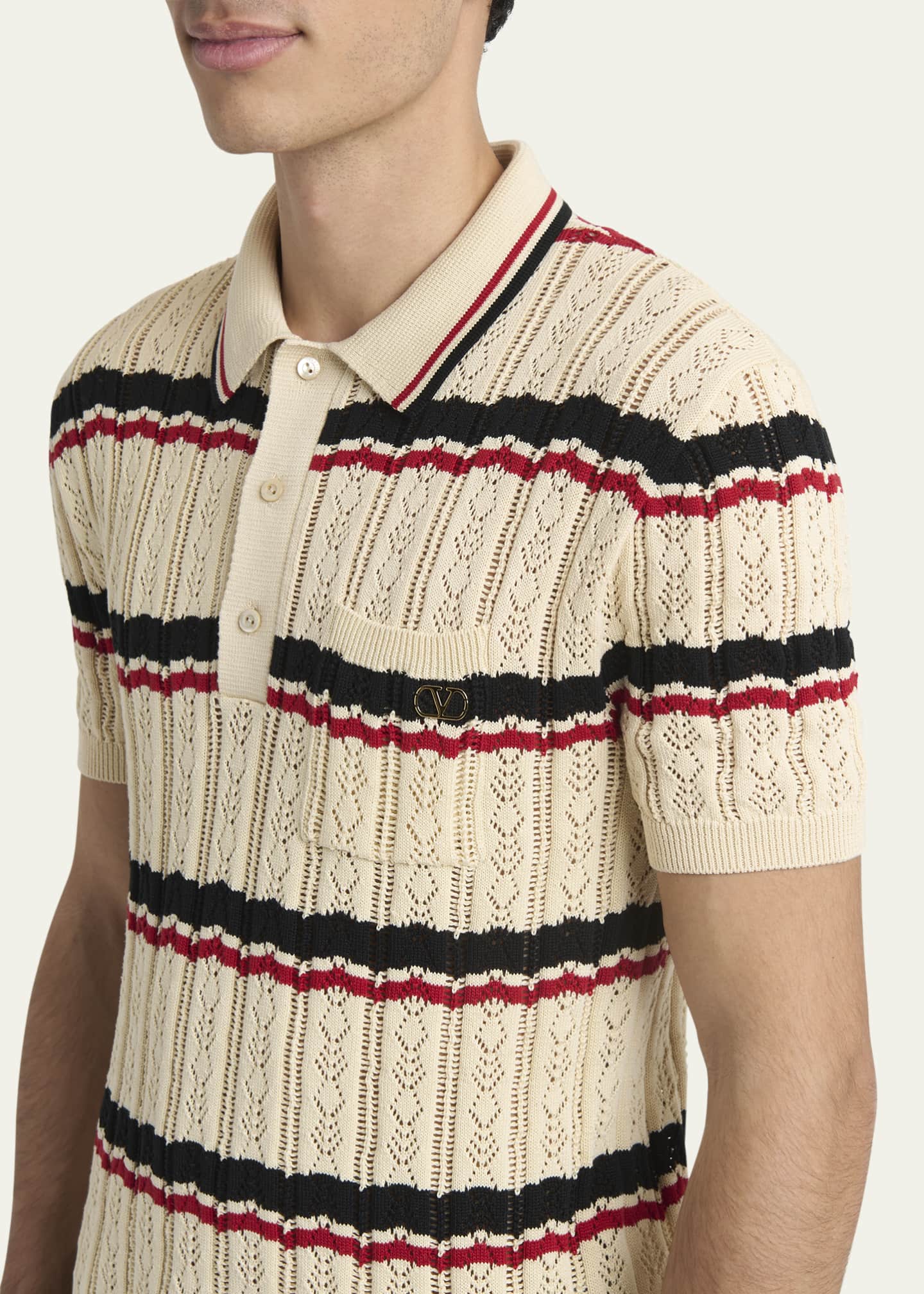 Valentino Garavani Men's Stripe Cotton Eyelet VLogo-Pocket Polo Shirt Image 5 of 5