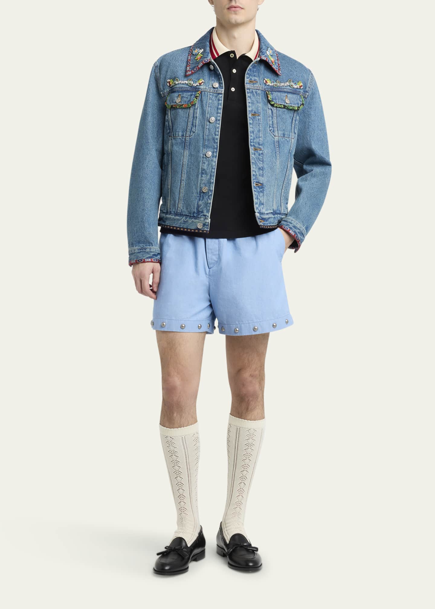 Valentino Garavani Men's Embroidered-Trim Denim Jacket Image 2 of 5