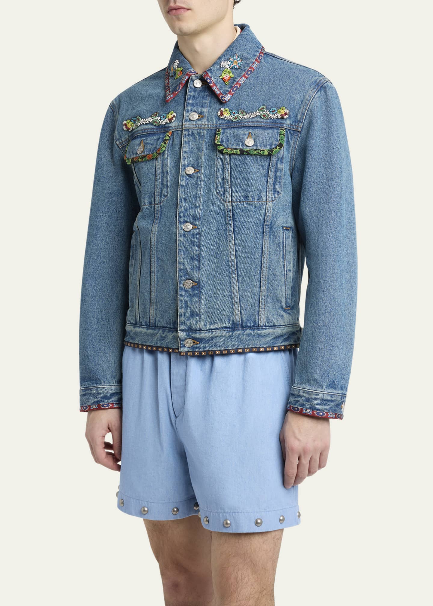 Valentino Garavani Men's Embroidered-Trim Denim Jacket Image 4 of 5