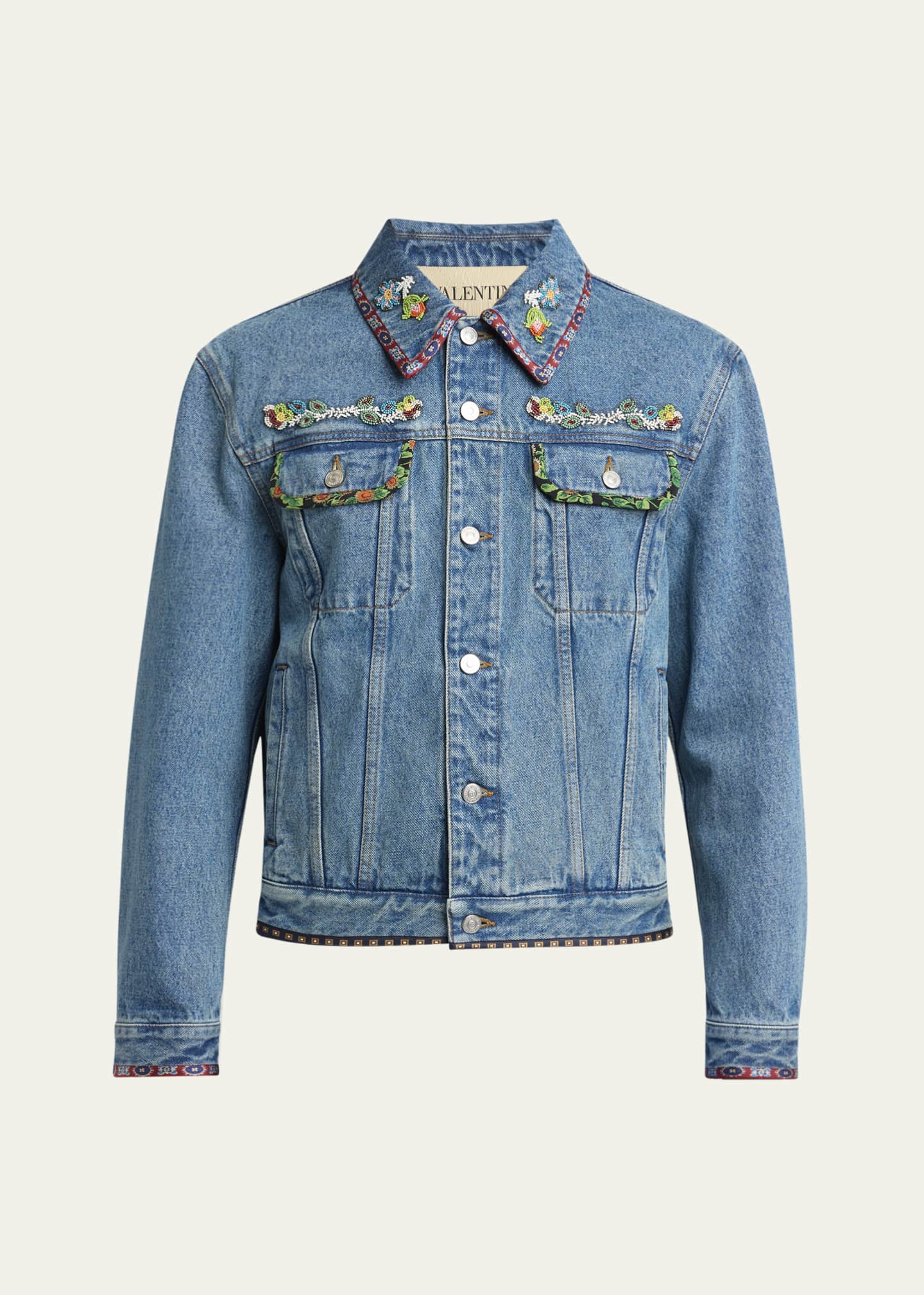 Valentino Garavani Men's Embroidered-Trim Denim Jacket Image 1 of 5