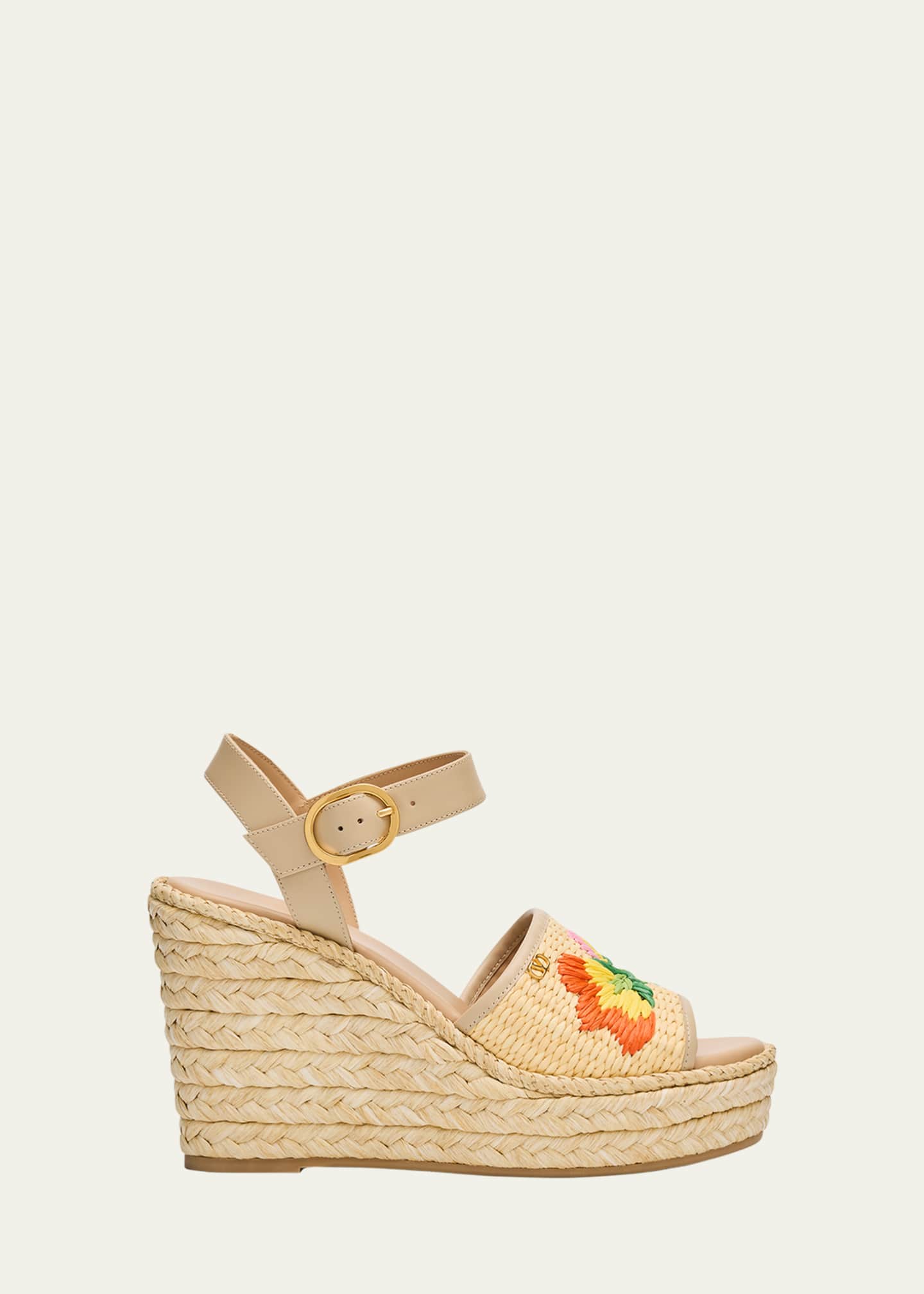 Valentino Garavani Bribri Raffia Flower Wedge Espadrille Sandals Image 1 of 6