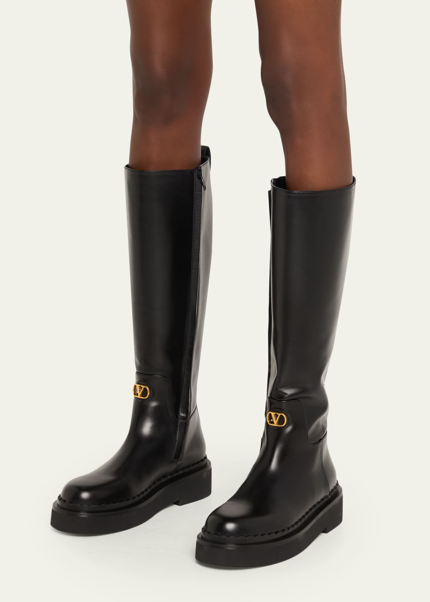 Valentino Garavani Vitello Brass VLogo Leather Knee-High Boots Image 2 of 6