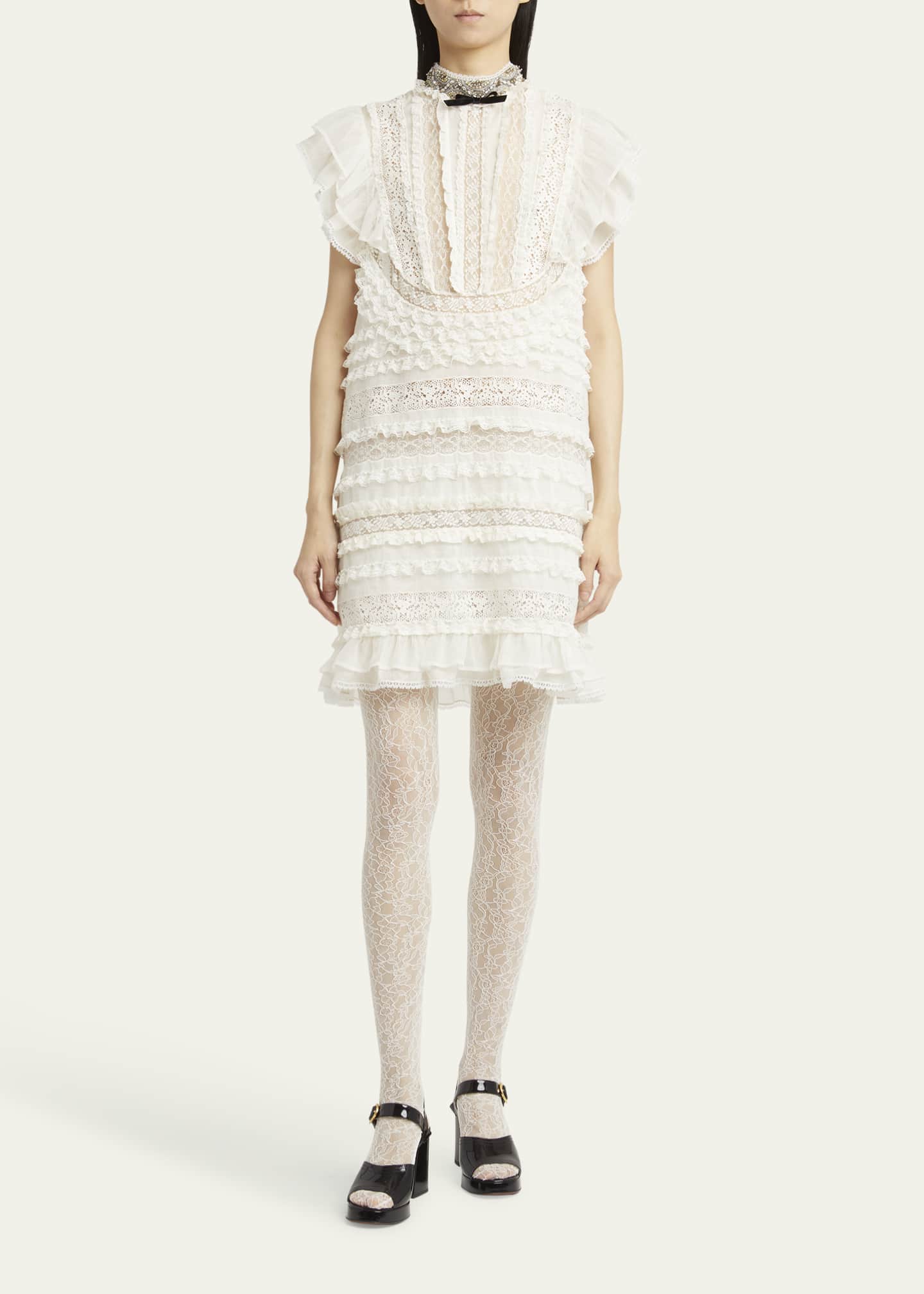Valentino Garavani Crystal Neckline Ruffle Bow Linen Dress Image 2 of 5