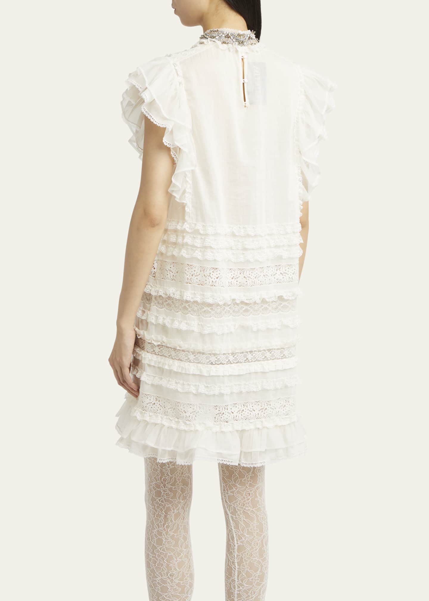 Valentino Garavani Crystal Neckline Ruffle Bow Linen Dress Image 3 of 5