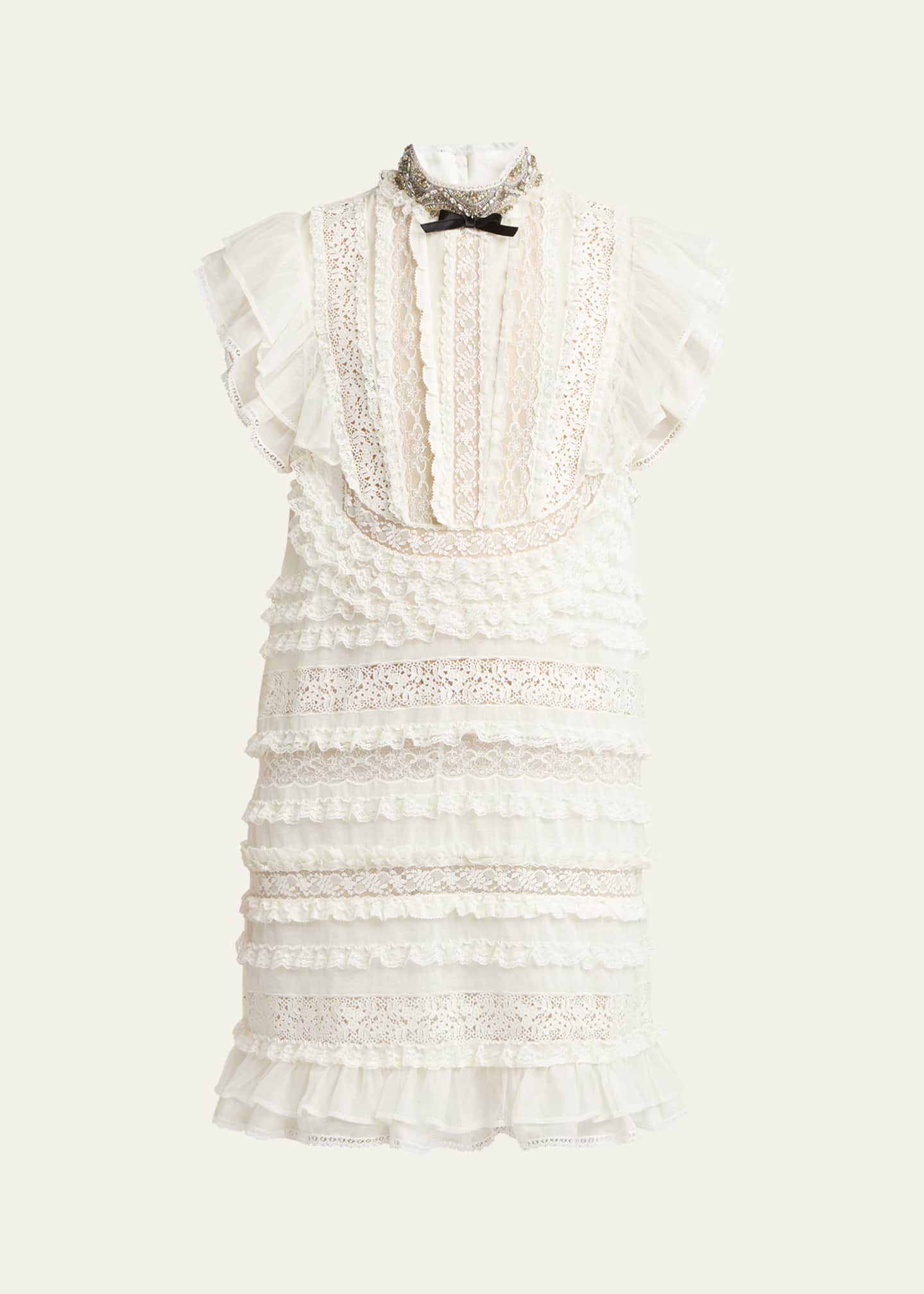 Valentino Garavani Crystal Neckline Ruffle Bow Linen Dress Image 1 of 5