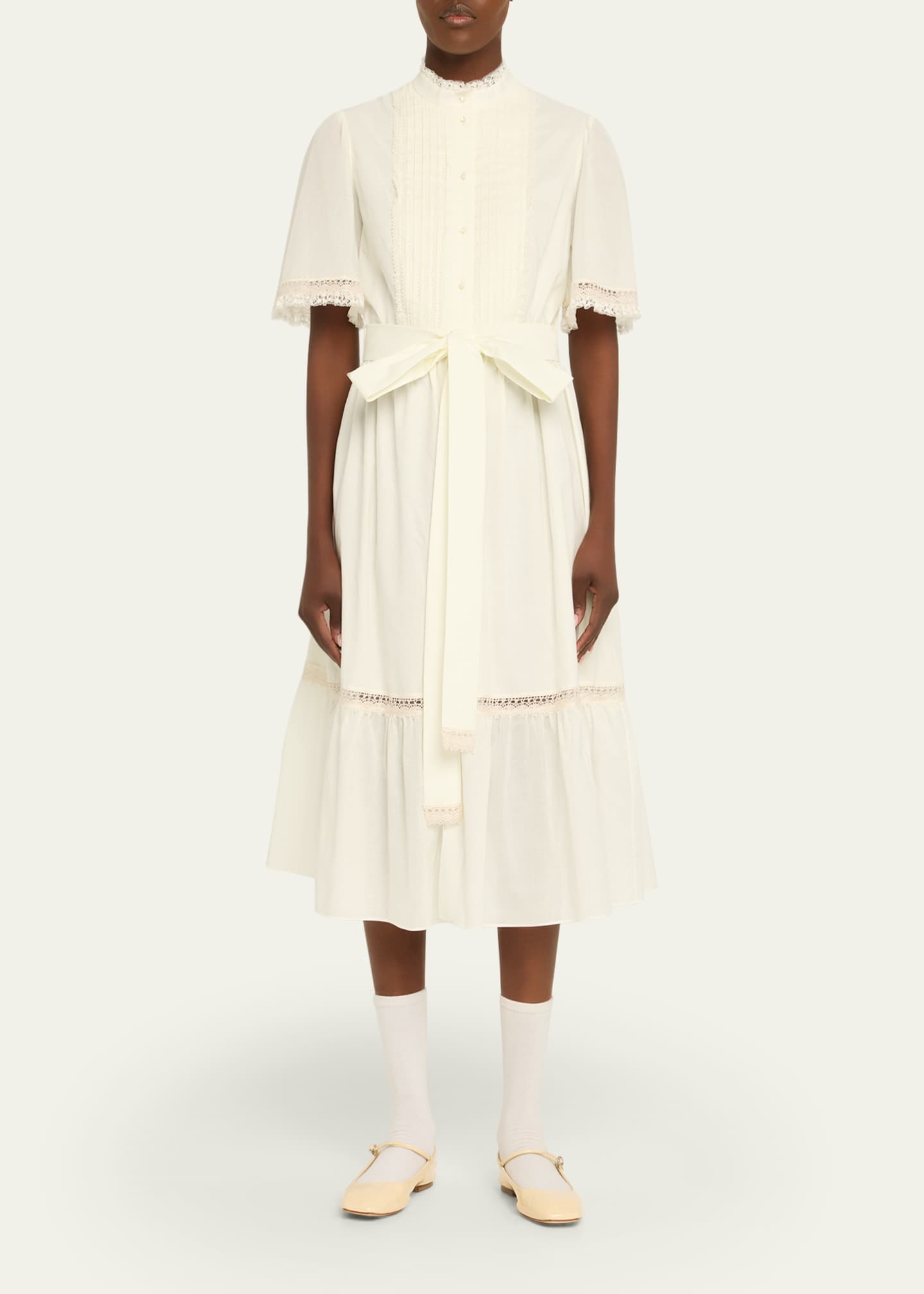 Valentino Garavani Short-Sleeve Belted Lace-Trim Shirtdress Image 2 of 5