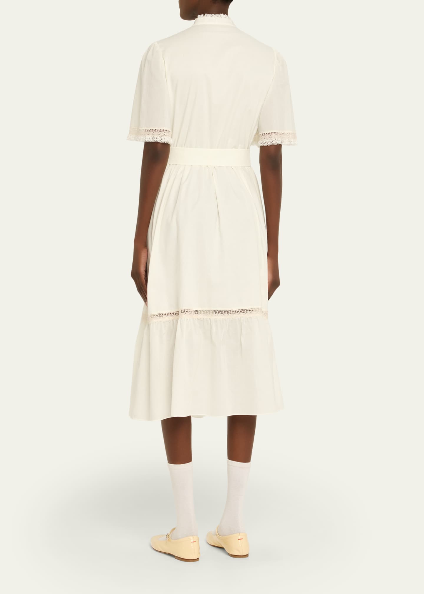 Valentino Garavani Short-Sleeve Belted Lace-Trim Shirtdress Image 3 of 5