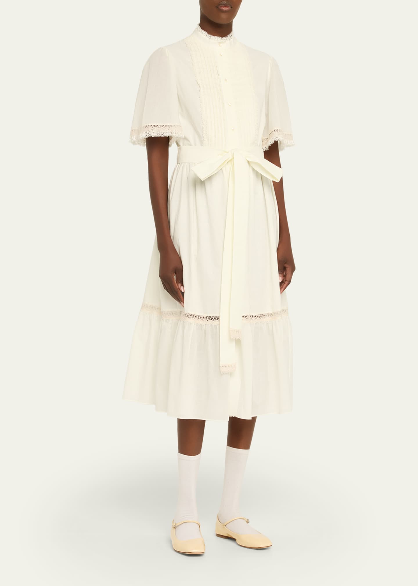 Valentino Garavani Short-Sleeve Belted Lace-Trim Shirtdress Image 4 of 5