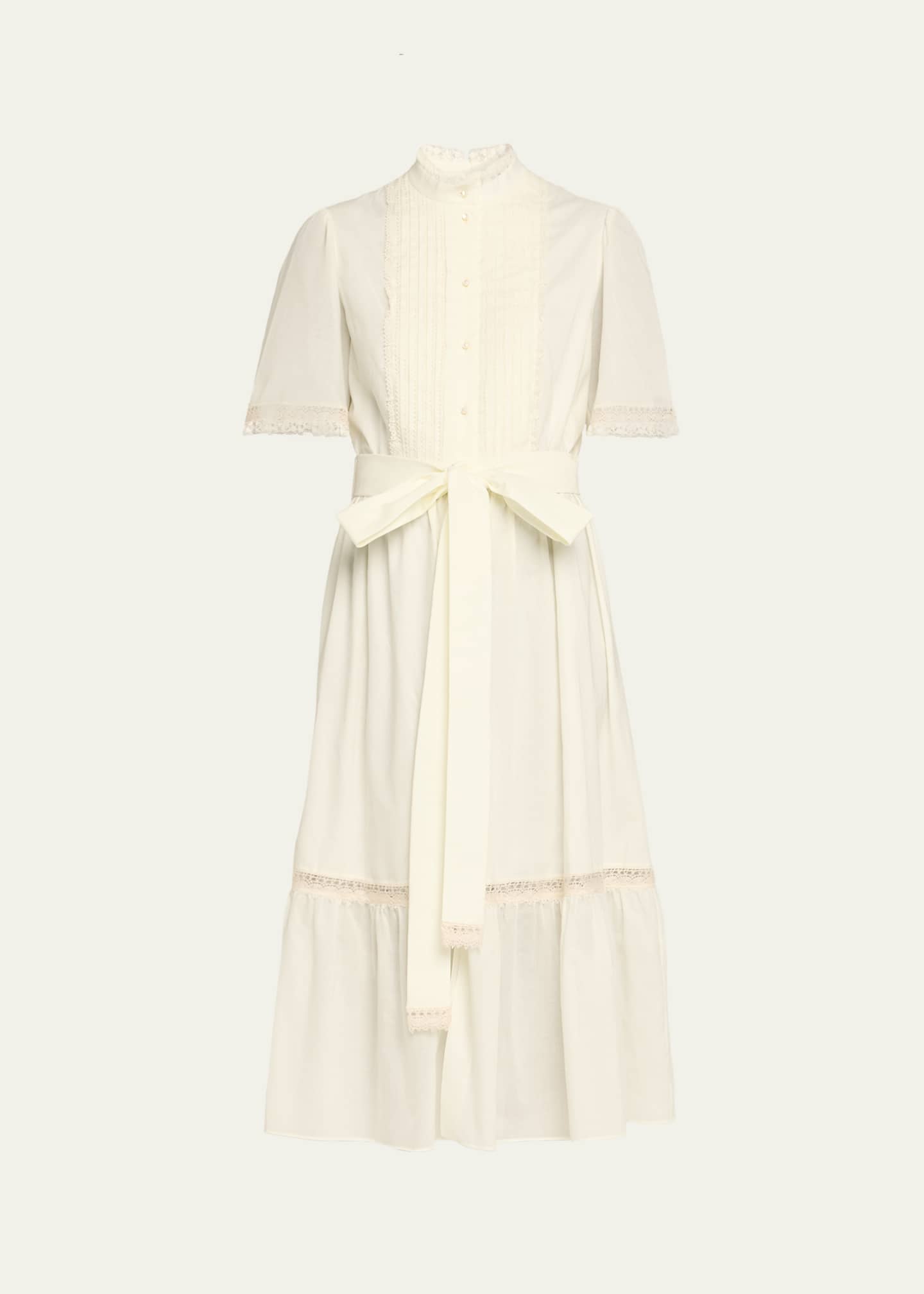Valentino Garavani Short-Sleeve Belted Lace-Trim Shirtdress Image 1 of 5