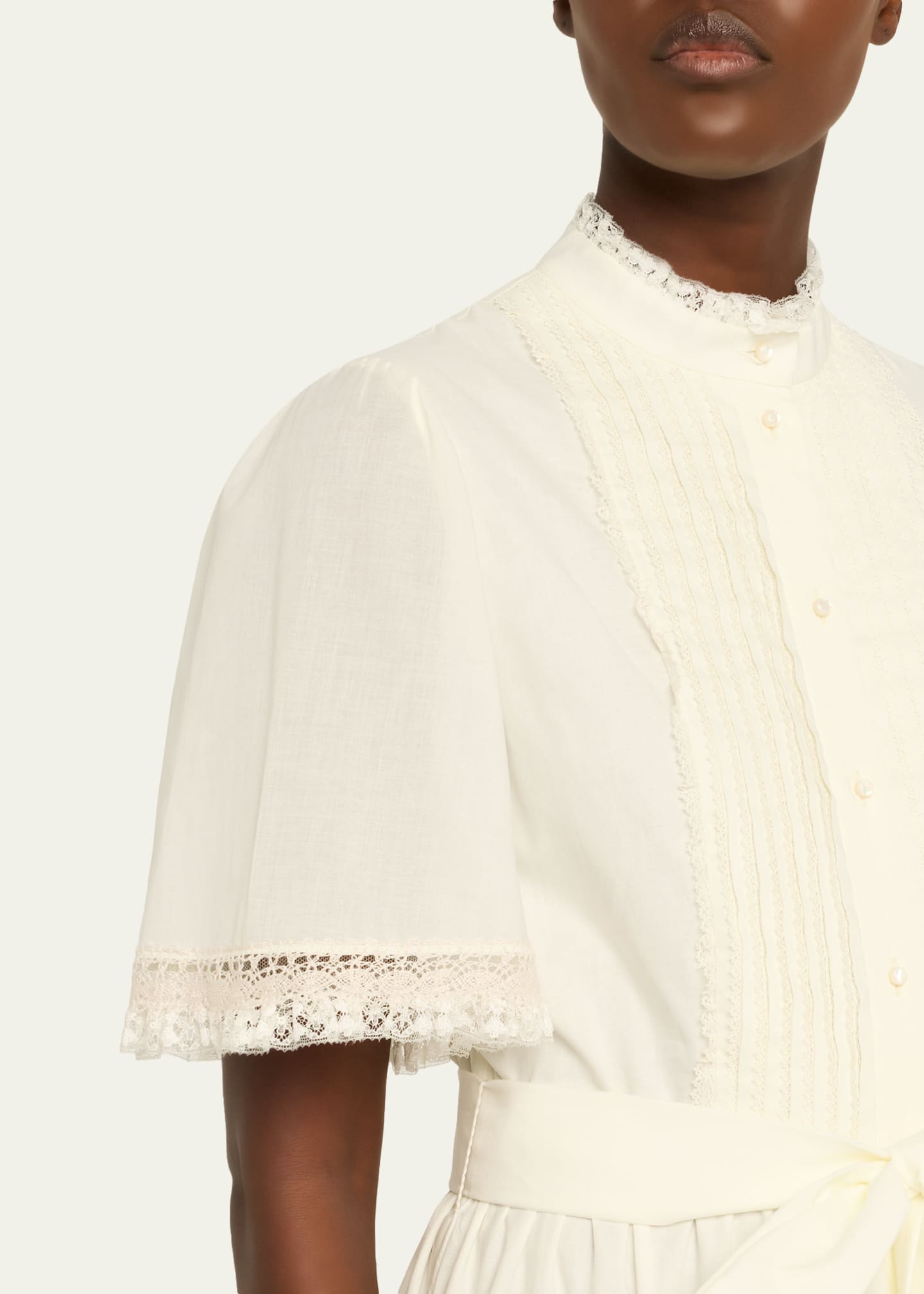 Valentino Garavani Short-Sleeve Belted Lace-Trim Shirtdress Image 5 of 5