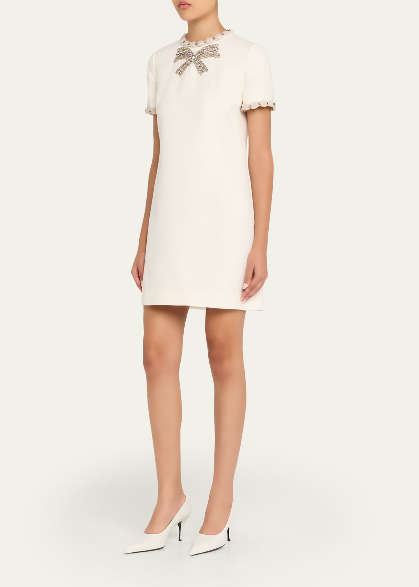 Valentino Garavani Puff-Trim Crystal Bow Mini Dress, Indigo Multi, Women's, 50 It (14 Us), Balloon Puff Sleeve Dresses
