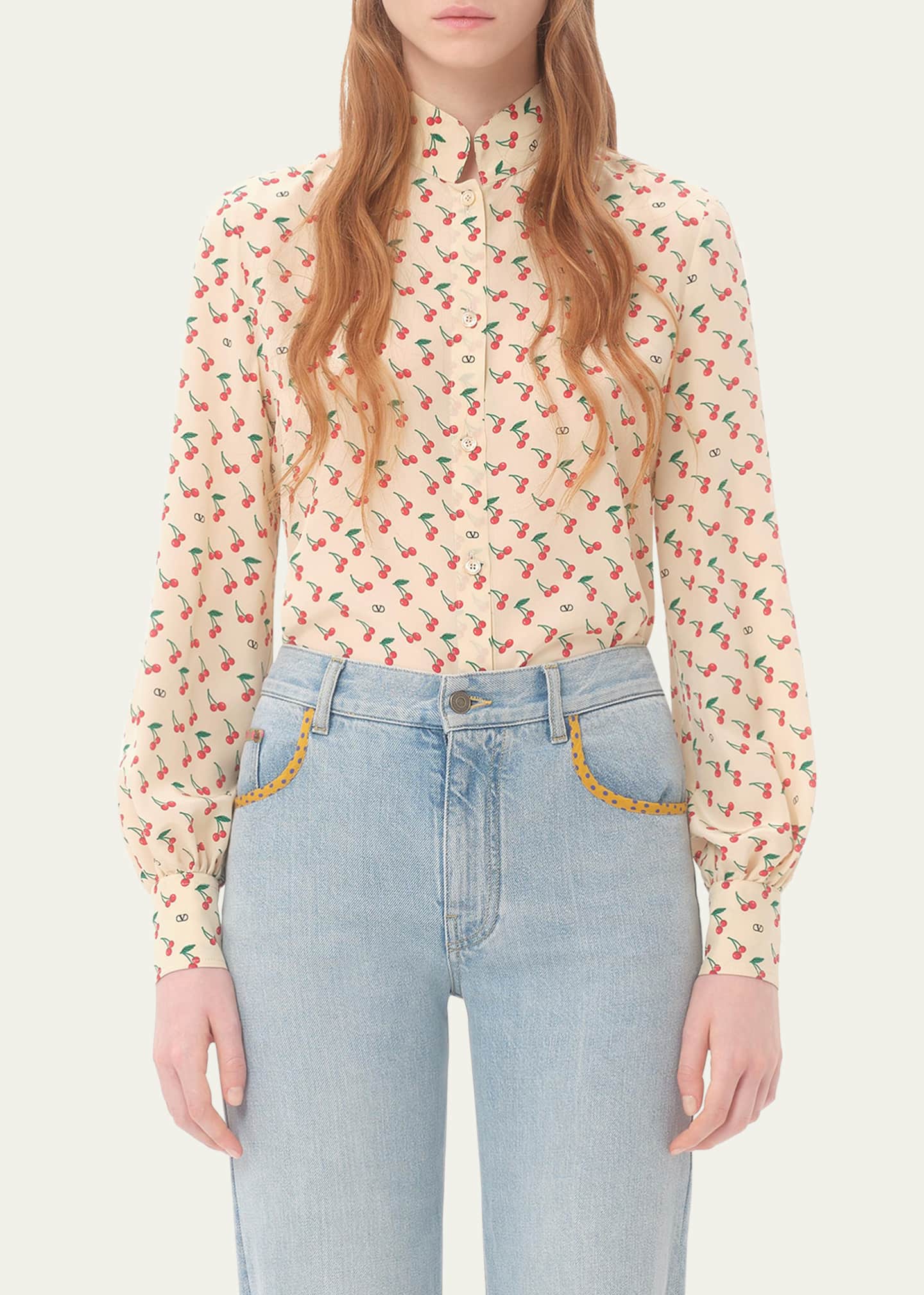 Valentino Garavani Cherry Print Crepe De Chine Button-Down Blouse Image 4 of 5