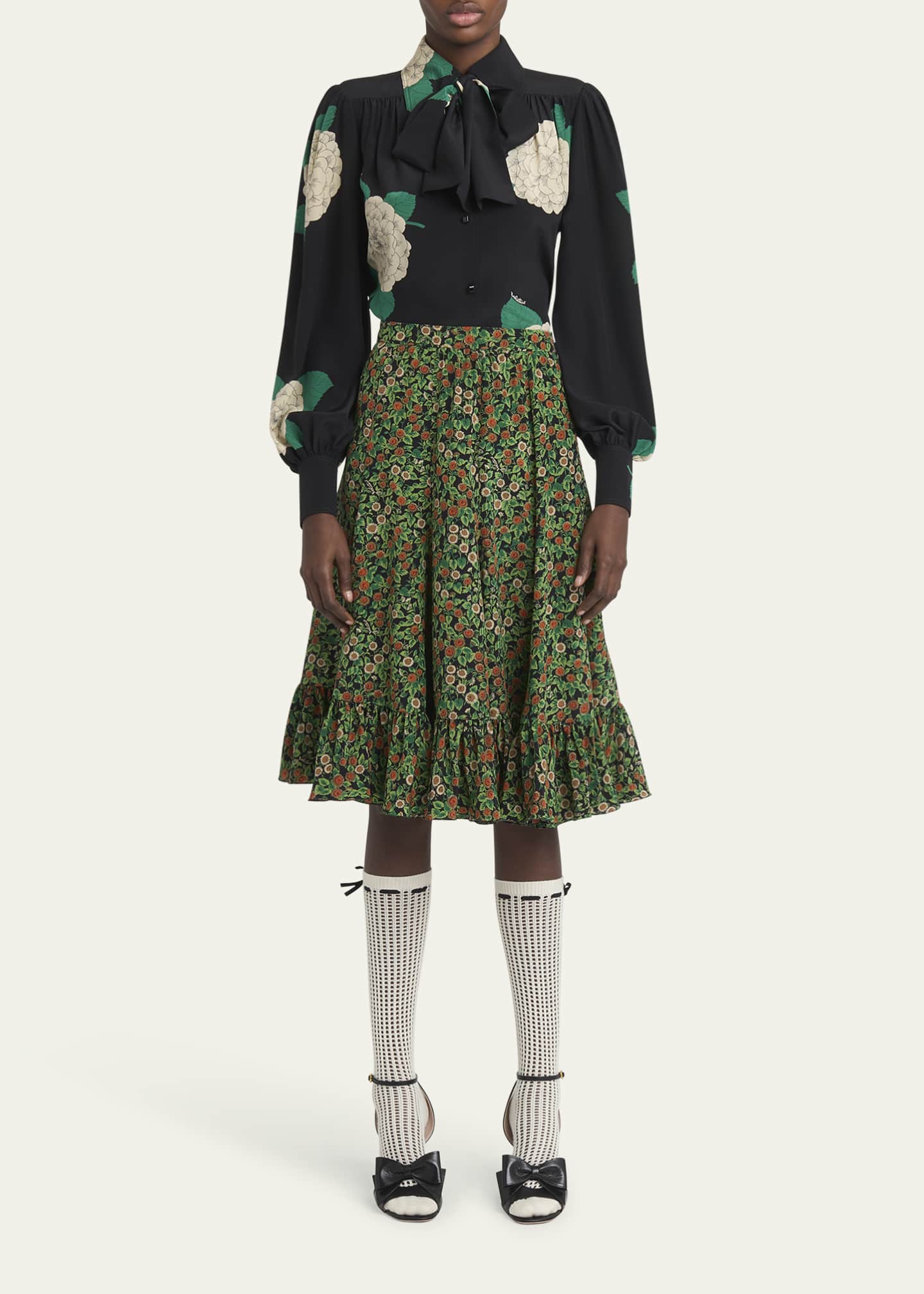 Valentino Garavani Floral Print Tie-Neck Silk Blouse Image 2 of 5