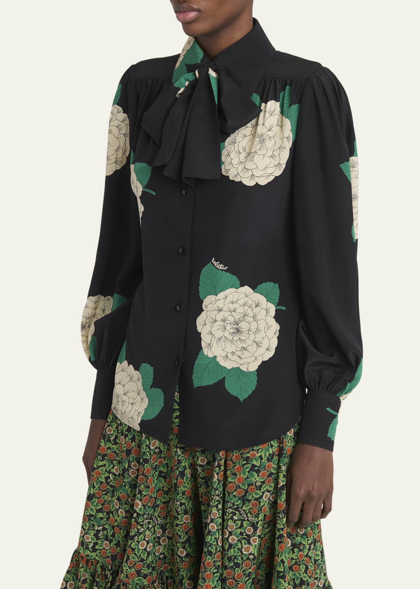Valentino Garavani Floral Print Tie-Neck Silk Blouse Image 4 of 5
