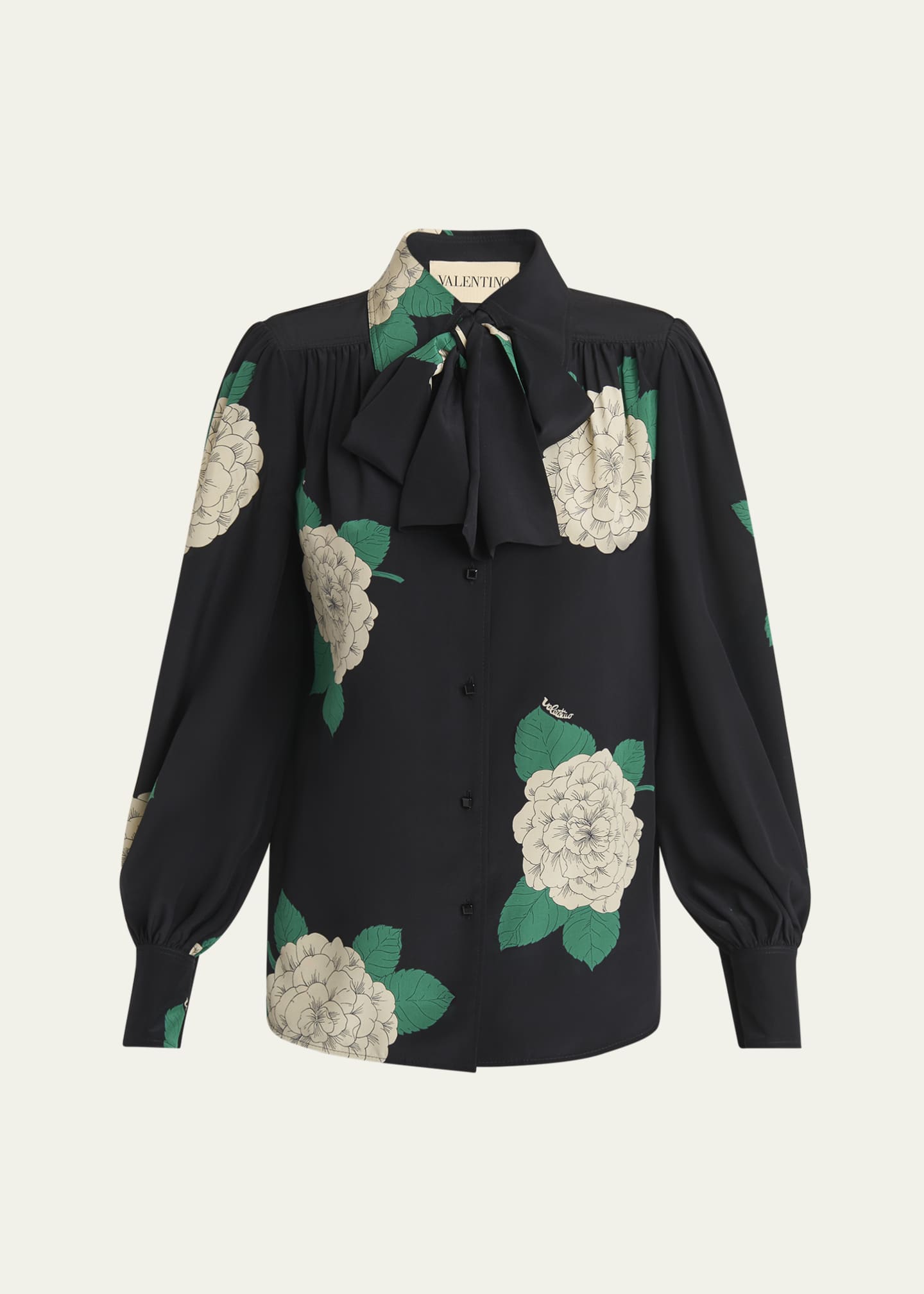 Valentino Garavani Floral Print Tie-Neck Silk Blouse Image 1 of 5