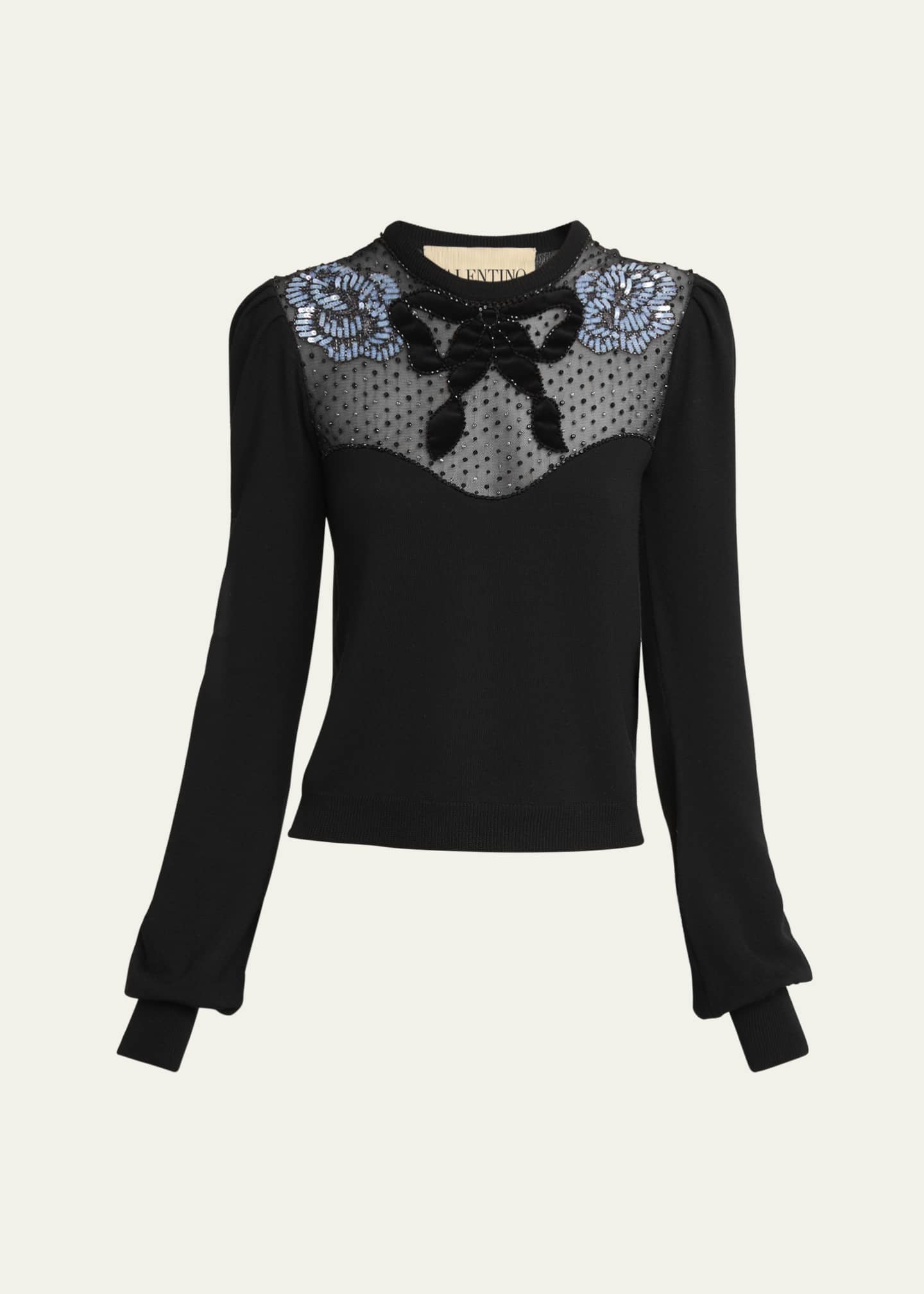 Valentino Garavani Beaded Floral Sheer Bust Wool Sweater