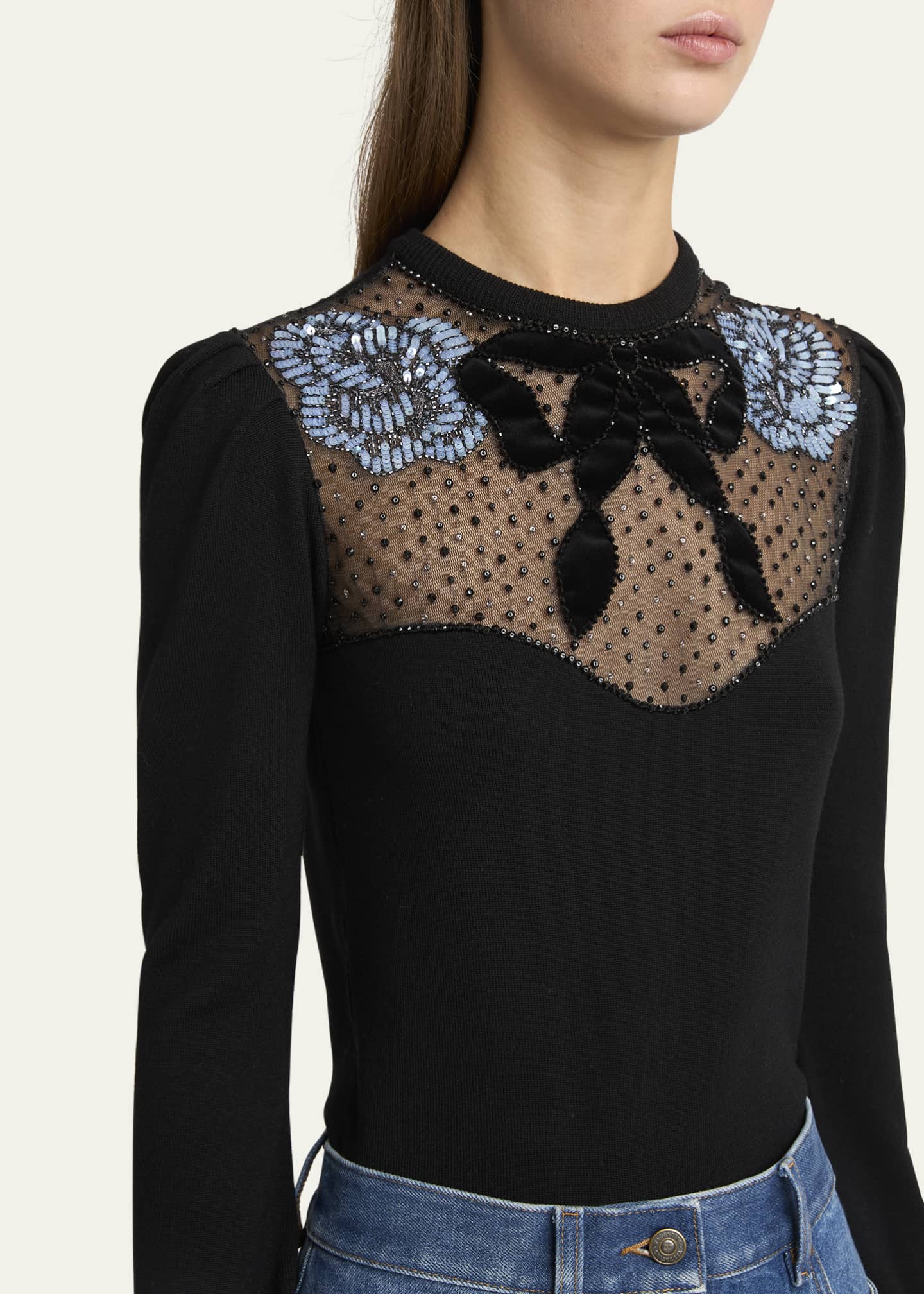 Valentino Garavani Beaded Floral Sheer Bust Wool Sweater