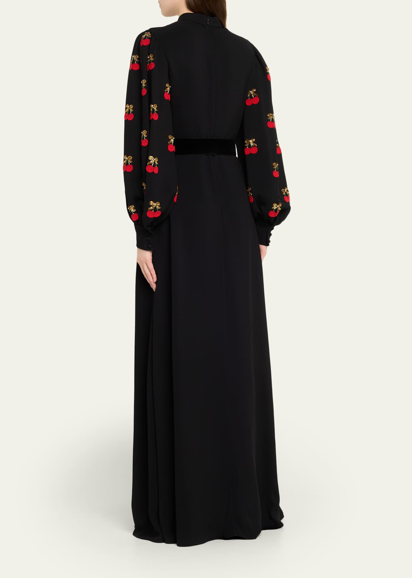 Valentino Garavani Cherry Embroidered Belted Puff-Sleeve Gown, Women's, 38 It (2 Us), Balloon Puff Sleeve Gowns